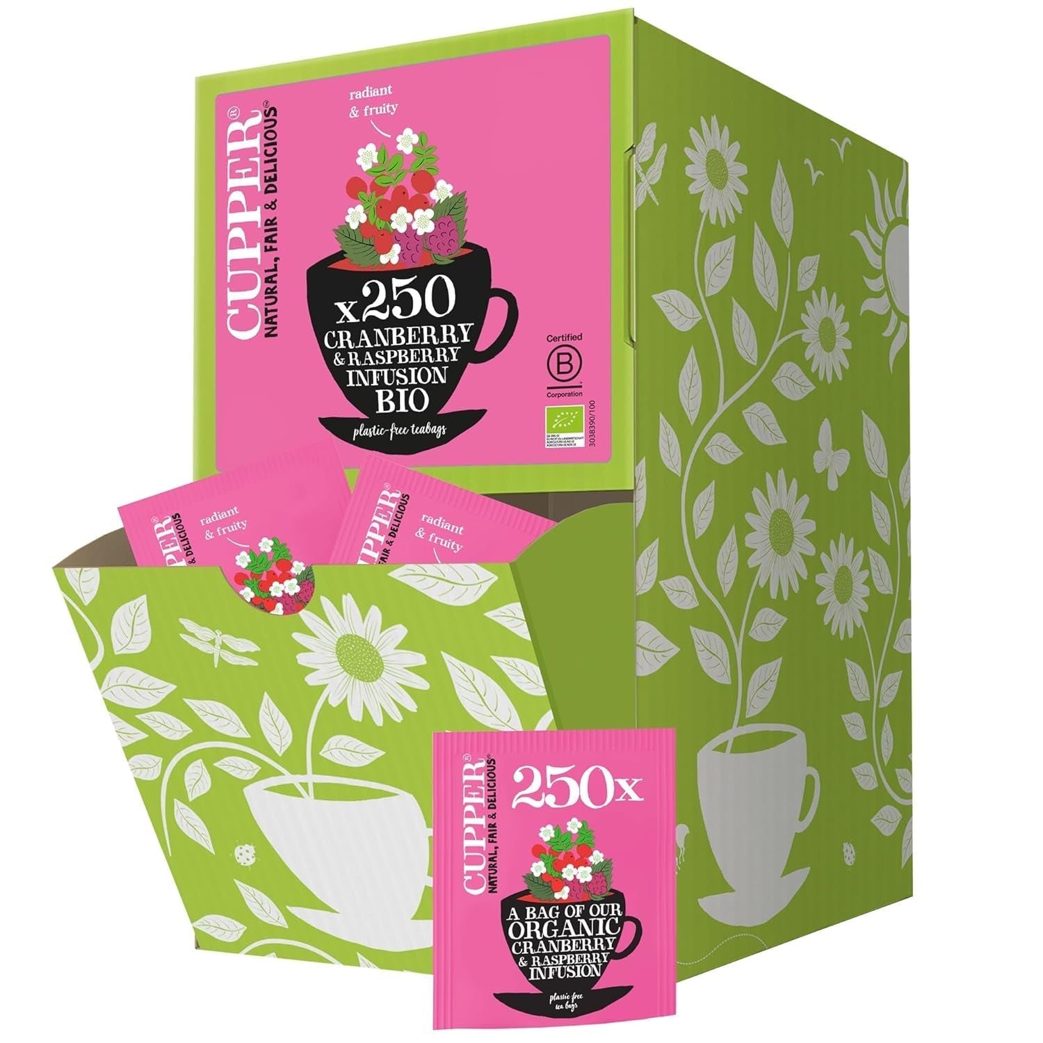 Cupper Biologische fruitthee Cranberry Framboos | Frambozenthee | 250 ongebleekte theezakjes | Groot pakket | Ideaal voor op kantoor | Ecologisch | Eerlijke handel