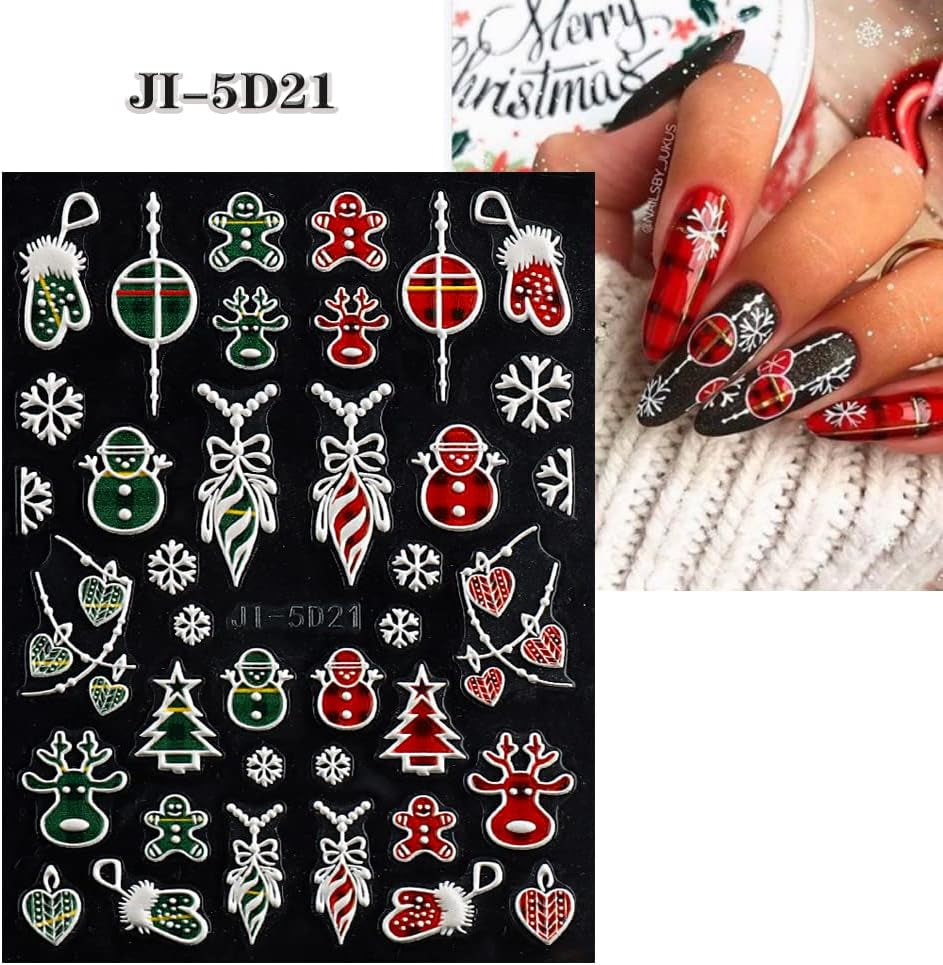 5 Blatt 3D Nagelsticker Weihnachten Nagelaufkleber 5D Stereoskopisch Selbstklebend Schneeflocke-Weihnachtswinterurlaub Nail Art Sticker Decoratie Nageldesign Zubehör