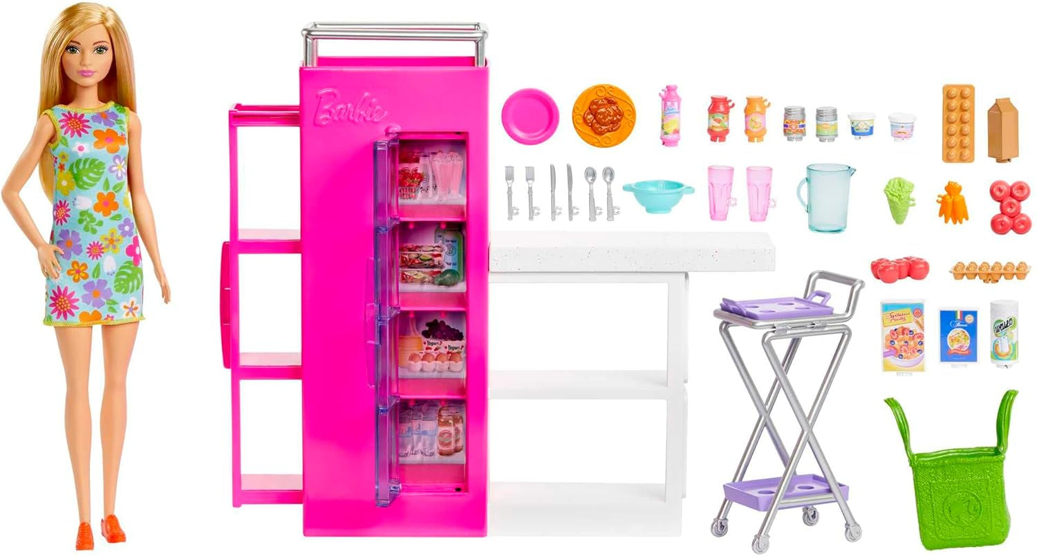 Barbie-poppenkastspeelset met meer dan 25 keukenonderdelen en accessoires - perfect voor kleine fijnproevers en cadeau voor kinderen vanaf 3 jaar, HJV38