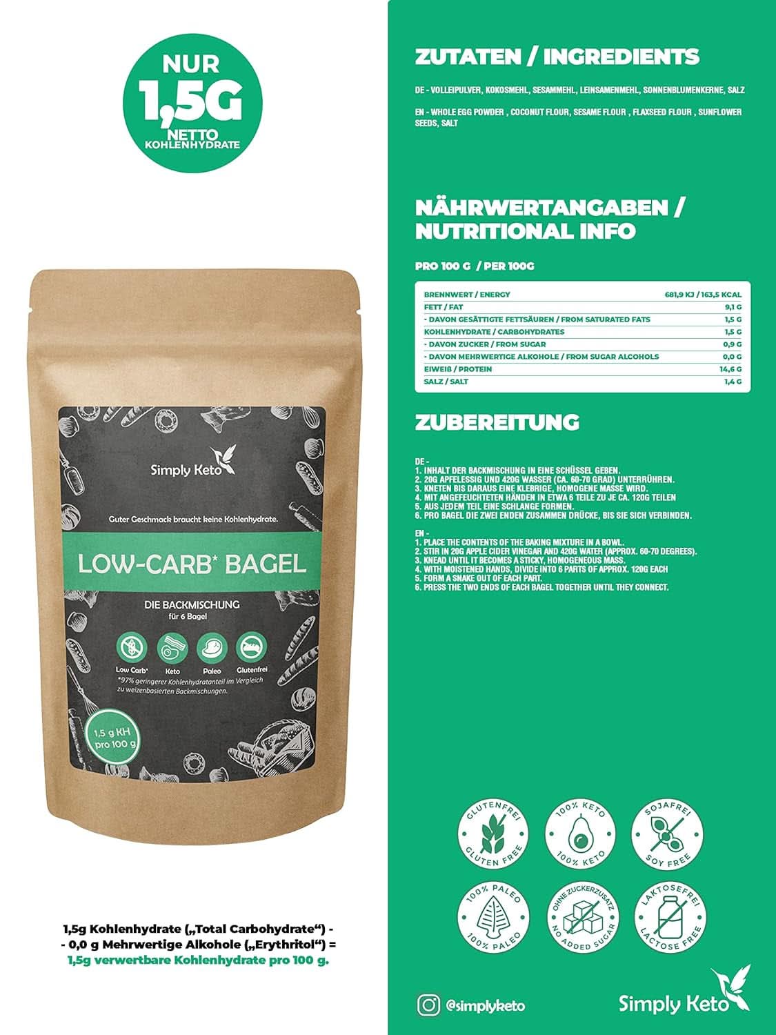 Simply Keto Lower Carb* Bagel Bakmix voor Koolhydraatarm* en ketogeen dieet - lactose- en glutenvrij - 335 gram Naty Shop Kitchen