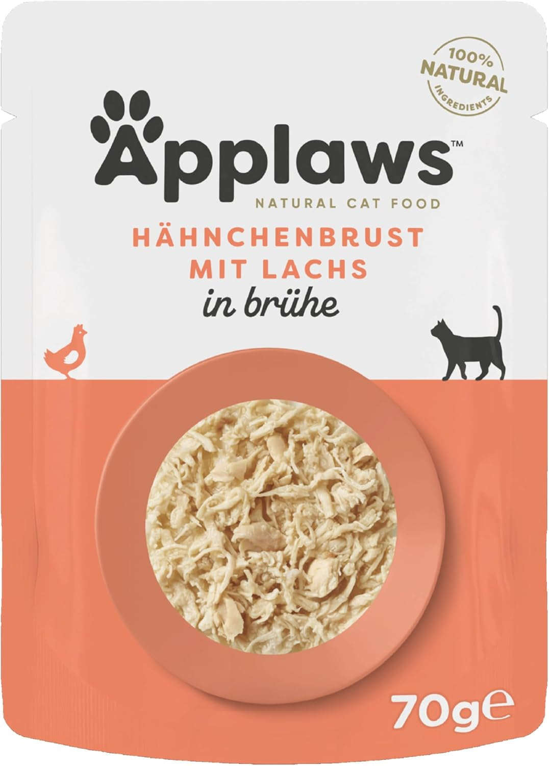 Applaws 100% natuurlijk nat kattenvoer, kippenborst met zalm in bouillon - verpakking van 12 zakjes van 70 g