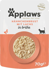 Applaws 100% natuurlijk nat kattenvoer, kippenborst met zalm in bouillon - verpakking van 12 zakjes van 70 g