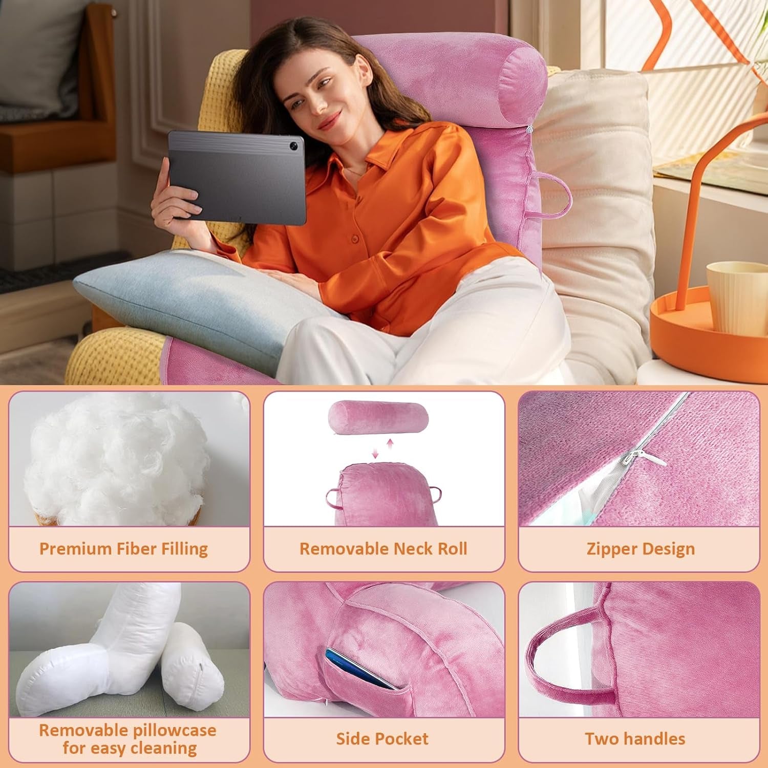 XL-leeskussen voor bed en bank met afneembare nekrol, ideaal rugkussen voor volwassenen met traagschuim voor comfortabel lezen, werken, spelen, tv kijken, ontspannen (roze)