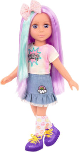 Glitter Girls - Luma - Gelede pop van 36 cm - Uniek paars haar en paarse ogen - Haarextensions, strik, clips en kleurrijke outfit - 3 jaar +