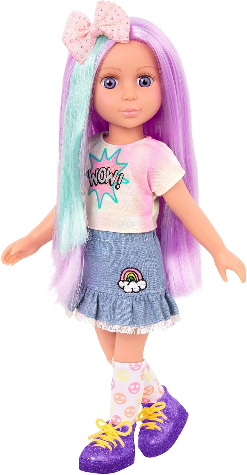 Glitter Girls - Luma - Gelede pop van 36 cm - Uniek paars haar en paarse ogen - Haarextensions, strik, clips en kleurrijke outfit - 3 jaar +