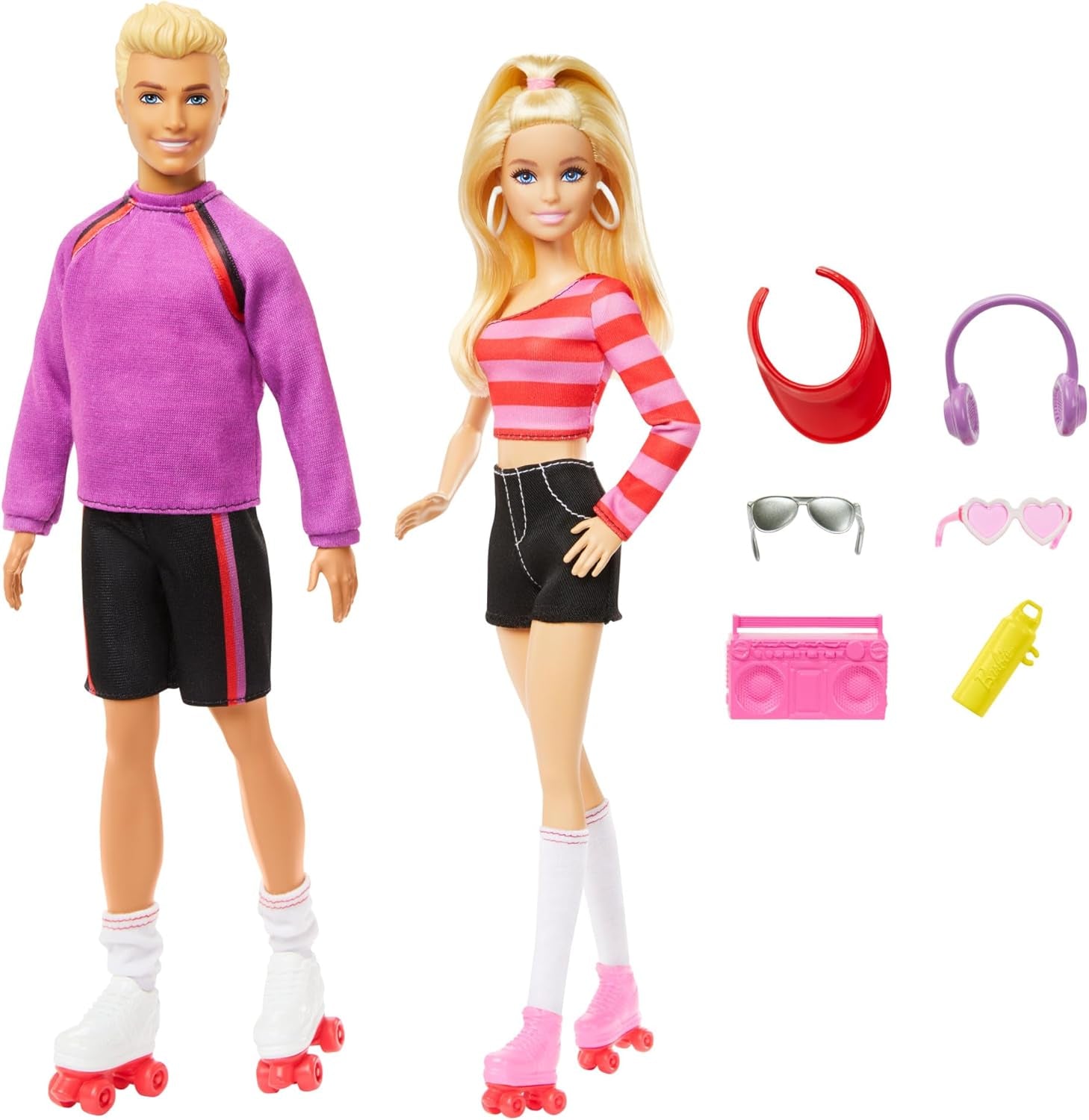 Barbie Fashionistas-set met 2 modepoppen en 6 accessoires, Barbie en Ken rolschaatsmodepoppen, verzamelfiguren ter gelegenheid van het 65-jarig jubileum, HXK90