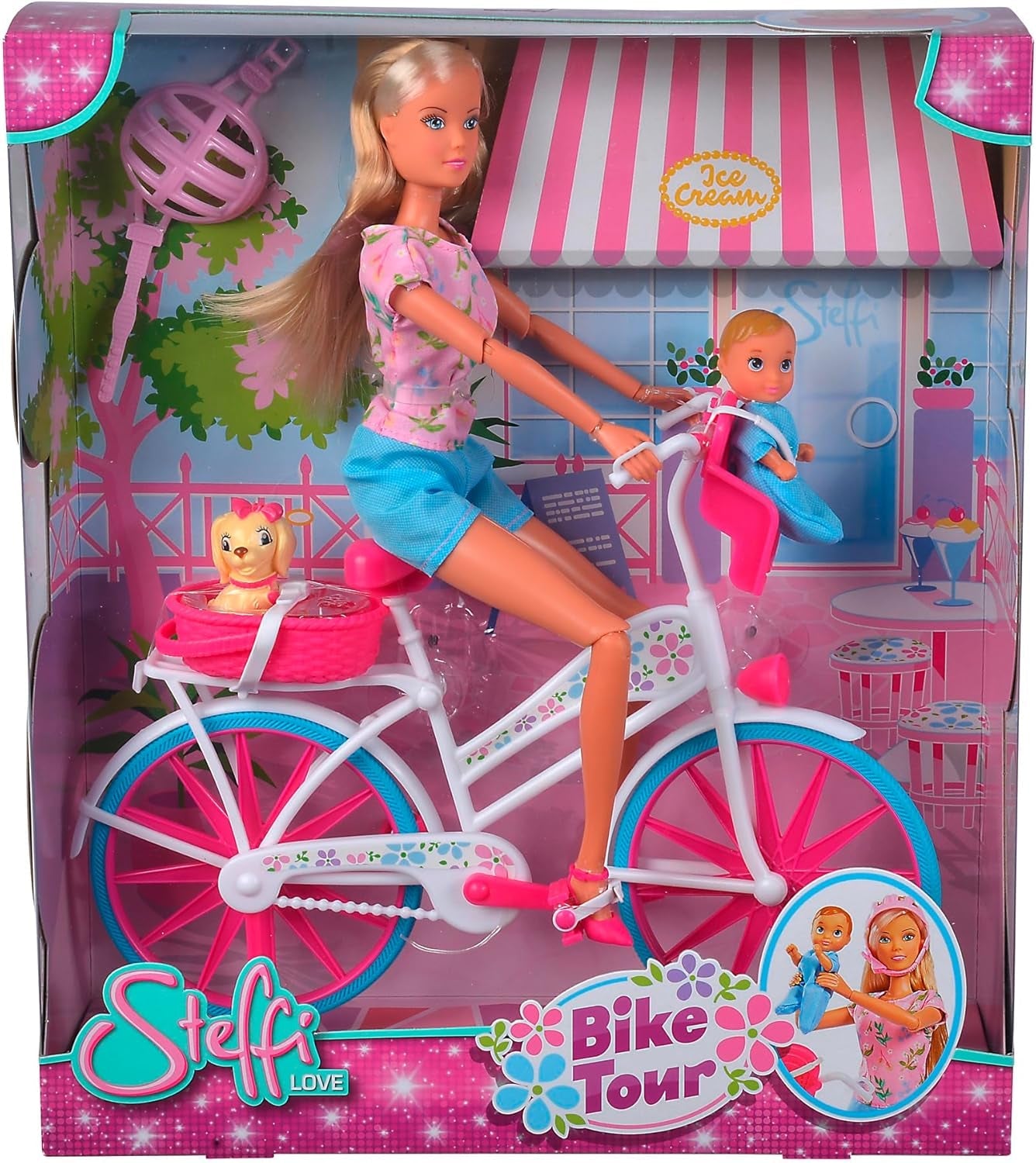 Simba 105739050 - Steffi Love Bike Tour, Steffi en Evi in ​​hun kasteel van drie verdiepingen met schommel, meubels en veel accessoires, 40 stuks, 102x90x38cm, voor kinderen vanaf 3 jaar