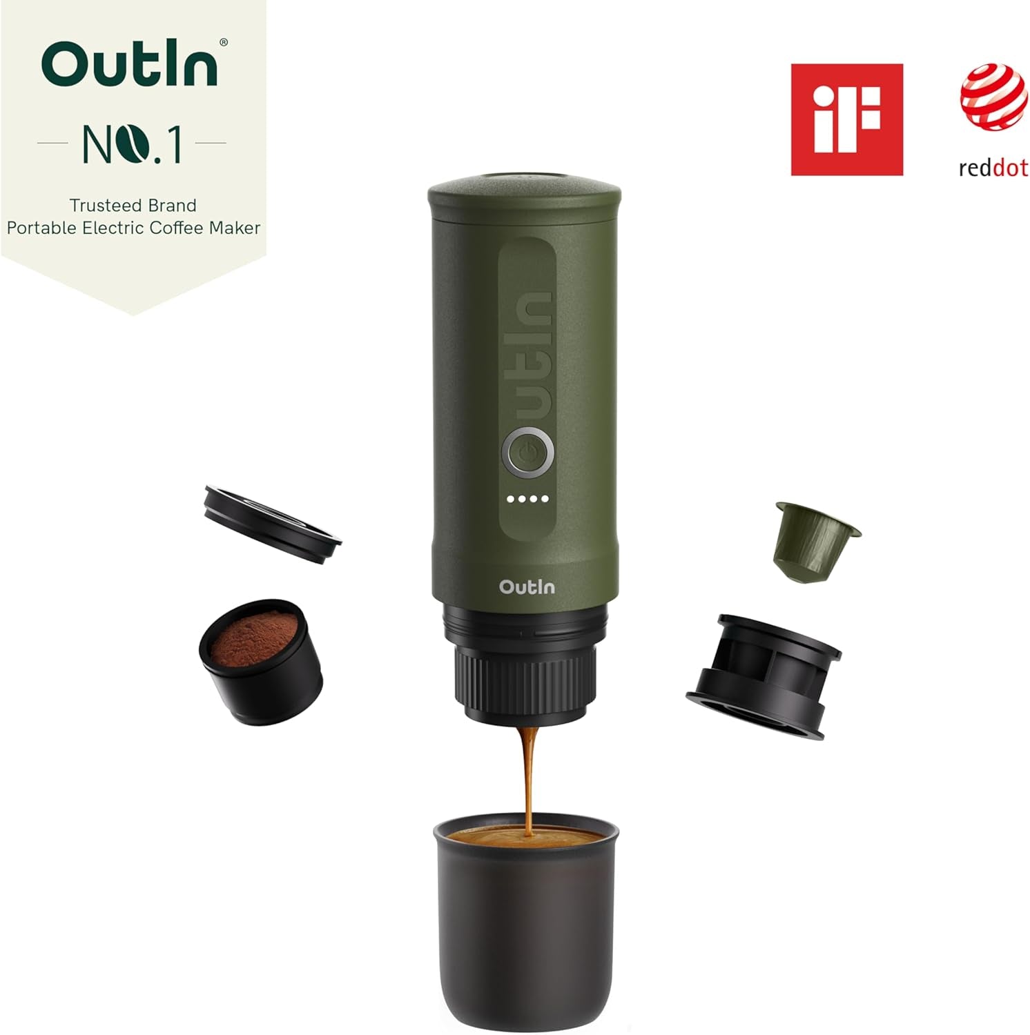 OutIn Nano draagbare elektrische espressomachine, campingkoffiezetapparaat, USB-C zelfverwarmend, compatibel met gemalen koffie en NS-capsules
