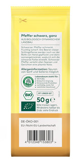 Lebensbaum Schwarzer Pfeffer, fruitig scharfer Genuss, Bio-Pfeffer für Sossen, Beilagen aller Art, Ofengemüse & Fleisch, ganz, 50 g