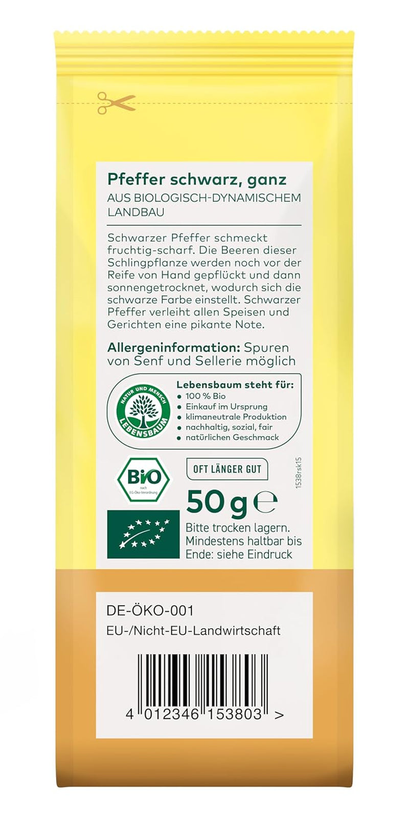 Lebensbaum Schwarzer Pfeffer, fruitig scharfer Genuss, Bio-Pfeffer für Sossen, Beilagen aller Art, Ofengemüse & Fleisch, ganz, 50 g