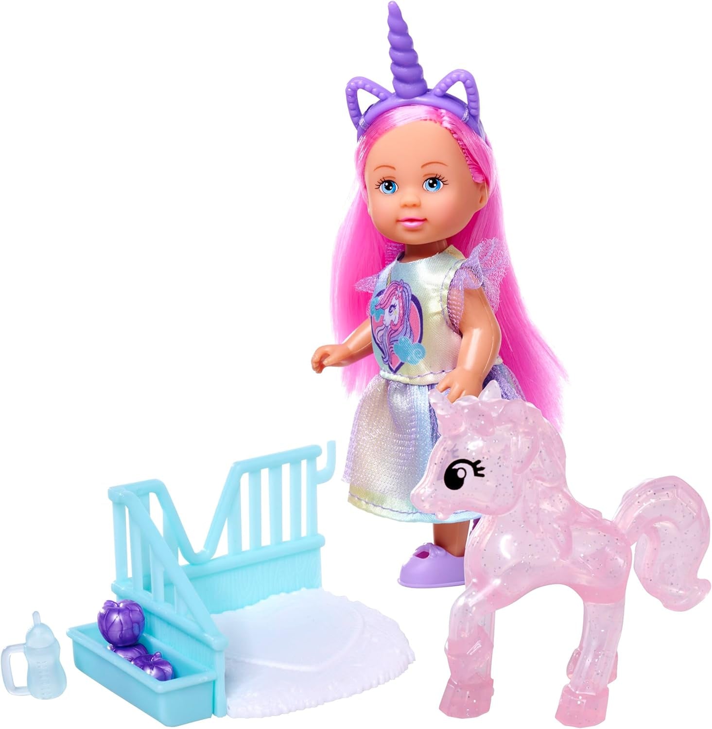 Simba Evi Love Eenhoorn speelpop met schattige eenhoornjurk met bijpassende hoofdband, inclusief een eenhoorn met stal, appels en een drinkfles, 12 cm, vanaf 3 jaar