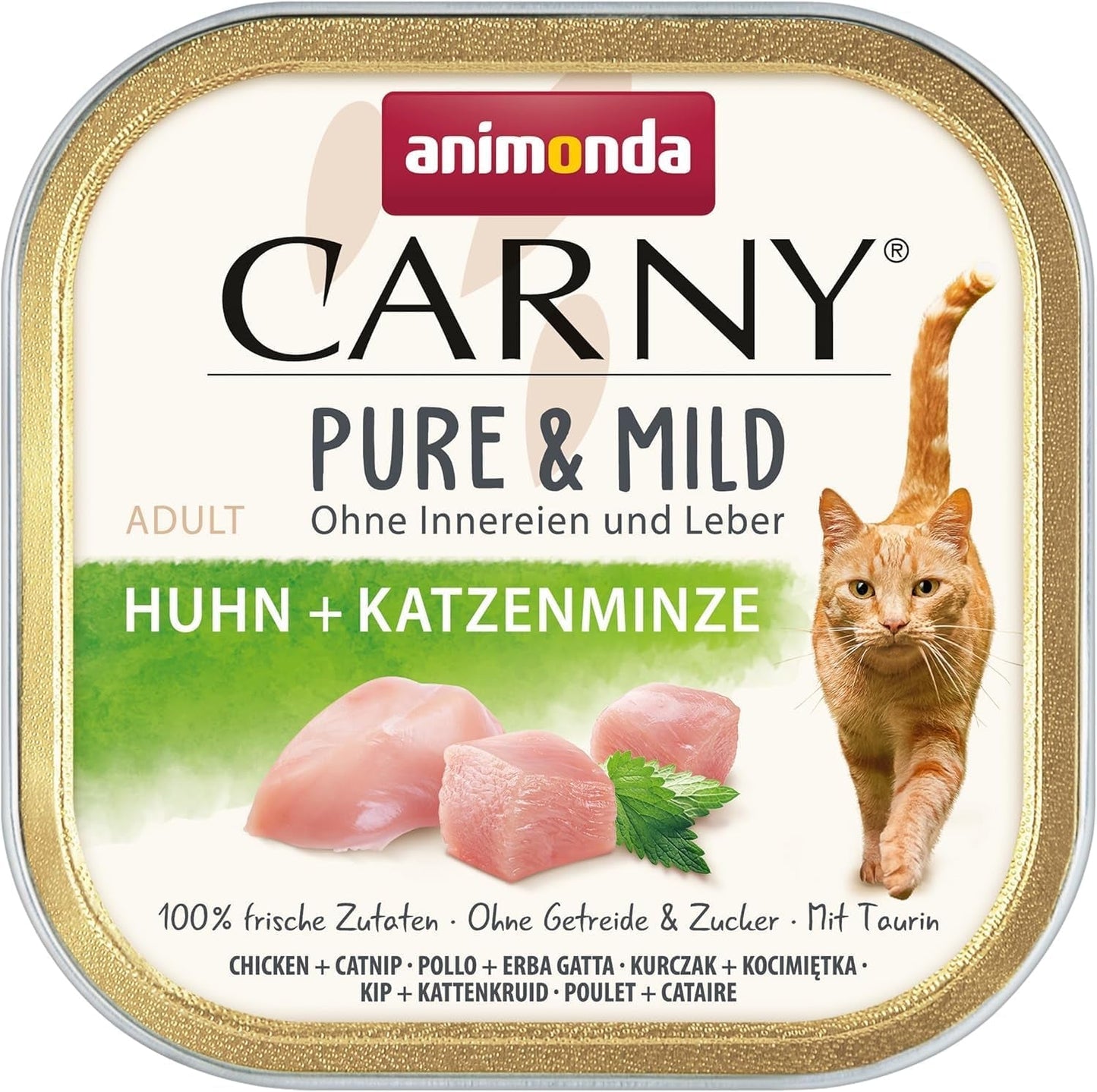 Adult Pure & Mild kattennatvoer met kip en kattenkruid (32 x 100 g), voor gevoelige katten, graan- en suikervrij, licht verteerbaar natvoer met kip
