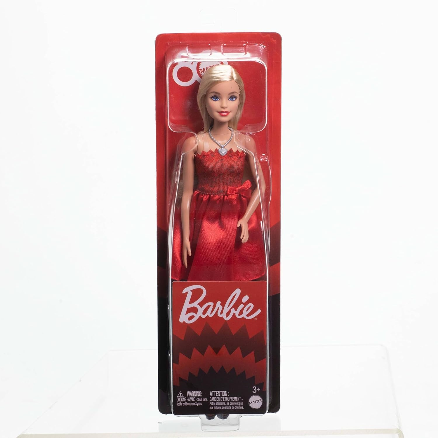 Mattel Rubinrote Blonde Barbie-Party-Modepuppe zum 80. Jubiläum roten Kleid mit zilverkleurige Schuhen en Halskette, Sammelspielzeug, JGD25