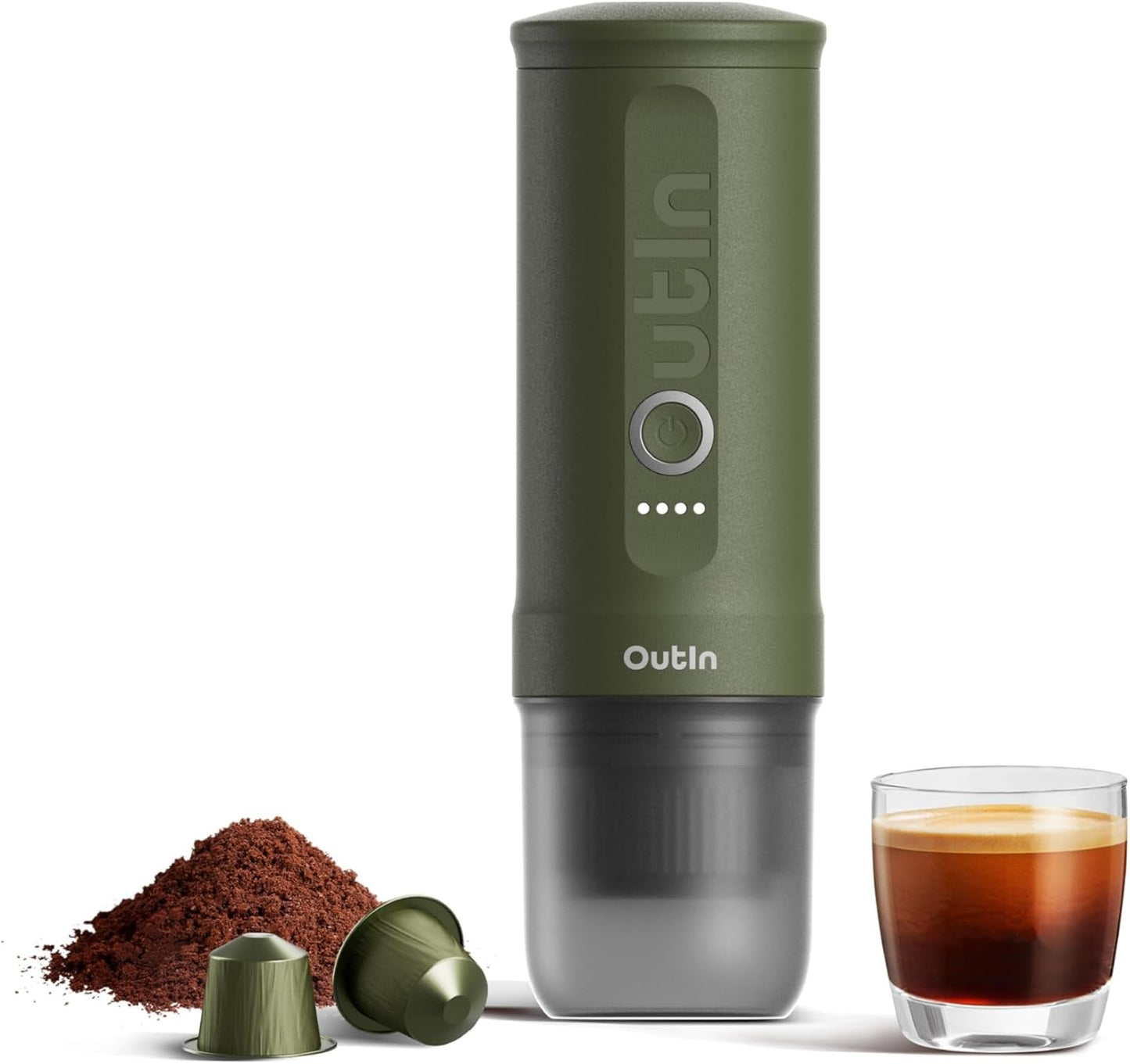 OutIn Nano draagbare elektrische espressomachine, campingkoffiezetapparaat, USB-C zelfverwarmend, compatibel met gemalen koffie en NS-capsules