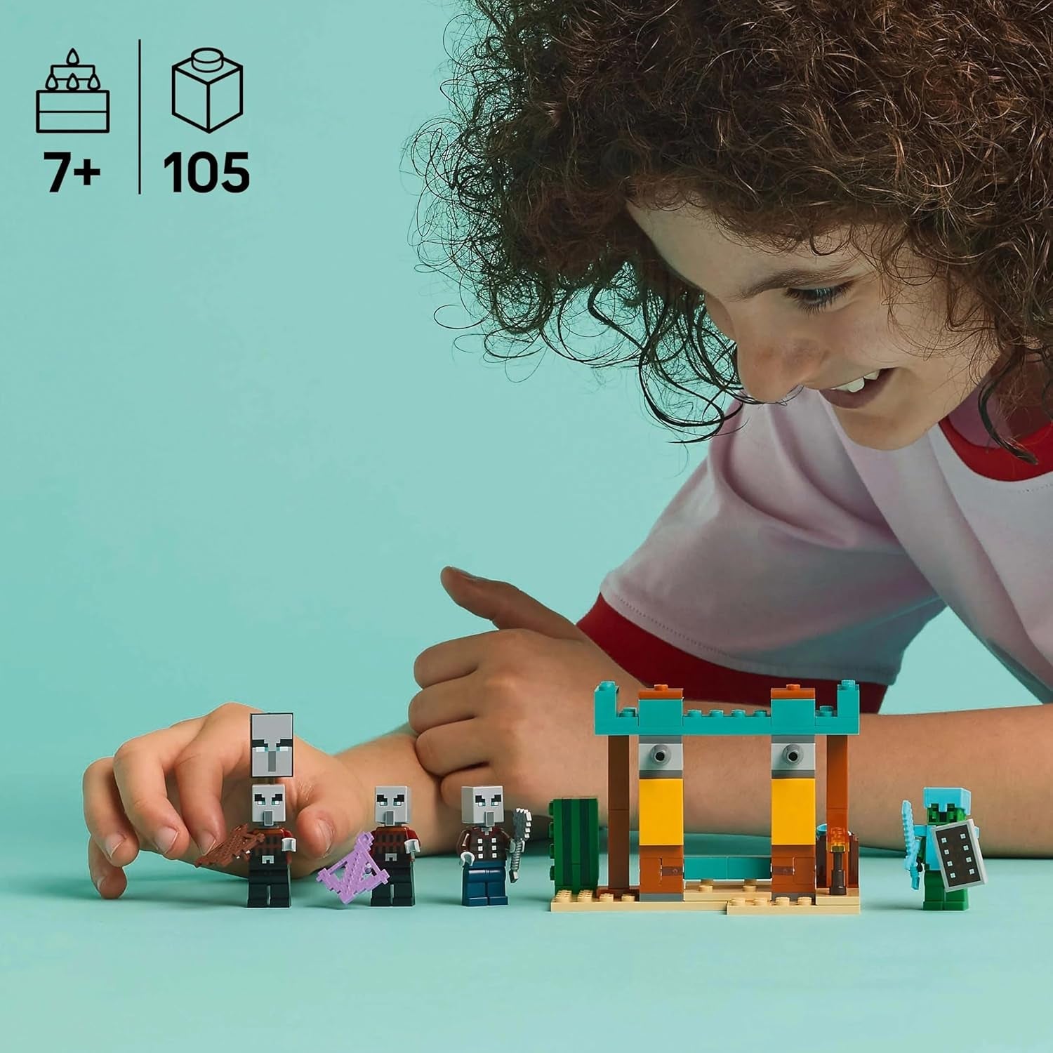 LEGO Minecraft The Illager Desert Patrol videogameset voor kinderen, buitenpost minispeelgoed en drie minifiguren, waaronder Plunderer, Dienaar en Cactus Knight 21267 Bouwsets