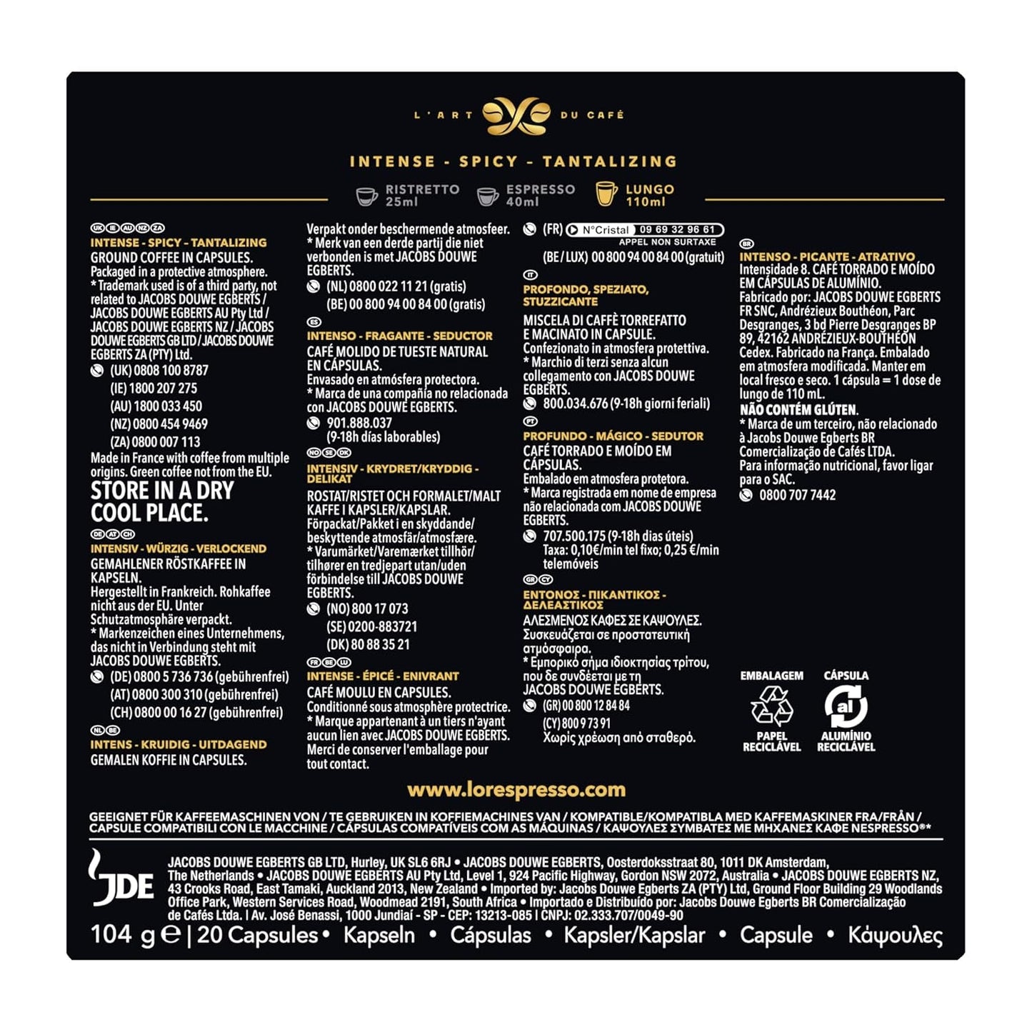 L'OR Espresso Koffiecups Lungo Profondo (200 Lungo Koffie Capsules, Gesicht voor Nespresso* Koffiemachines, Intensiteit 08/12, 100% Arabica Koffie, UTZ Gecertificeerd), 10 x 20 Kopjes
