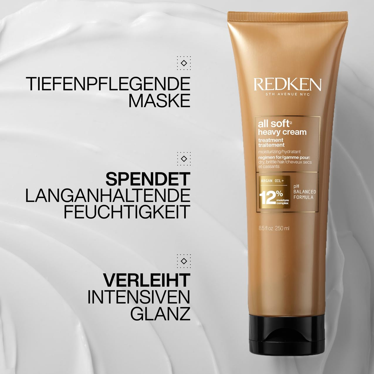 Redken haarmasker voor droog en broos haar, revitaliseert en hydrateert, met keratinecomplex en arganolie, geheel zachte, zware crème, 1 x 250 ml Naty Shop haarmasker