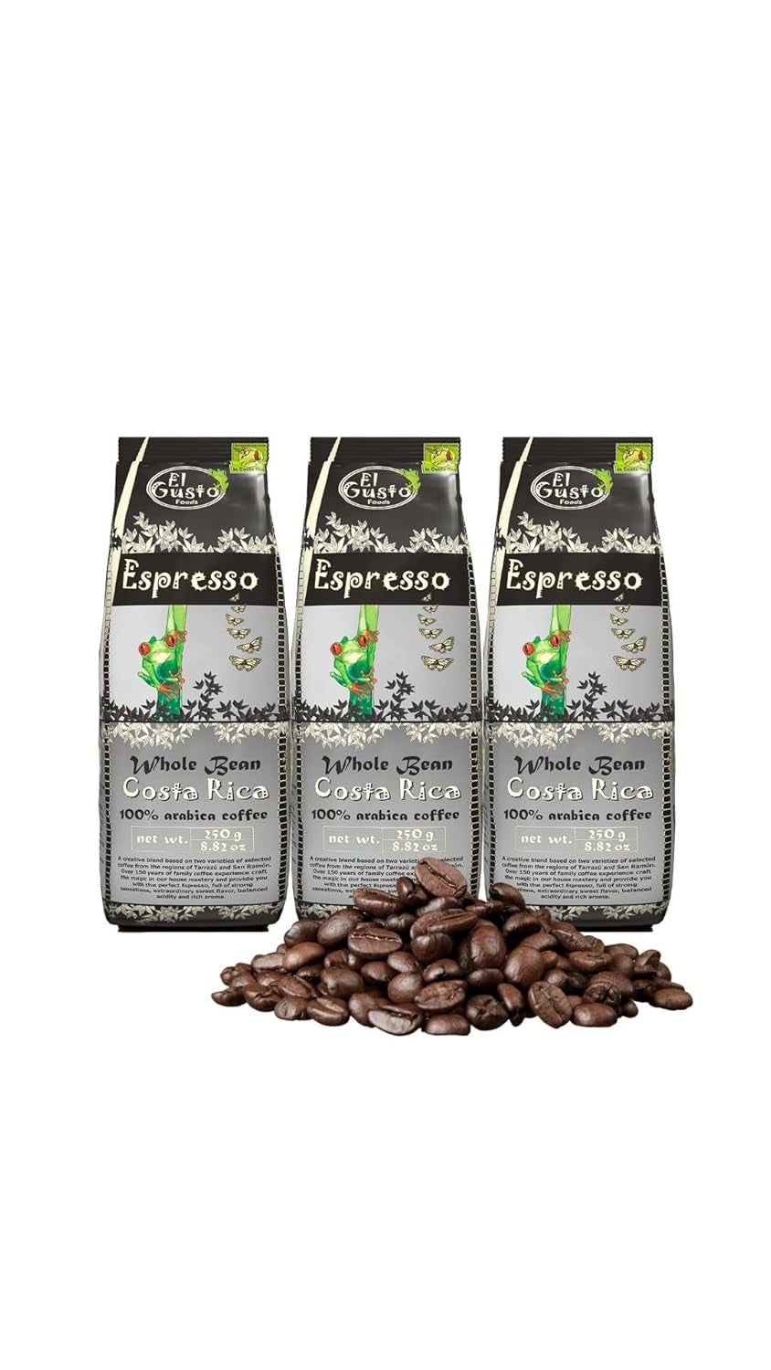 El Gusto Espresso Kaffee uit ganzen Bohnen uit Costa Rica, dunkel geröstet, creatieve Mischung, 100% Arabica, frischer Gourmet-Kaffee 3er Pack