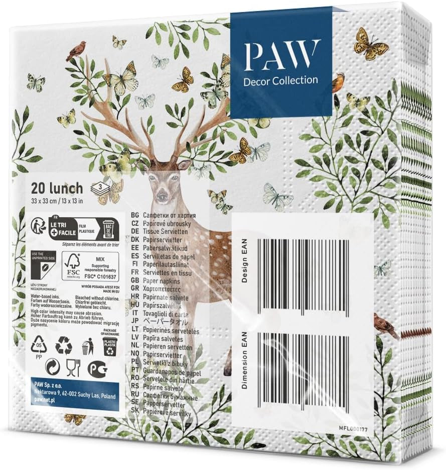 PAW - 3-laags servetten (33 x 33 cm) I 20 stuks I Perfect voor kinderverjaardagen, feesten, communies en feestdagen I Kleurrijke papieren servetten met feestmotief I Dieren, vreugde, feest - gewei