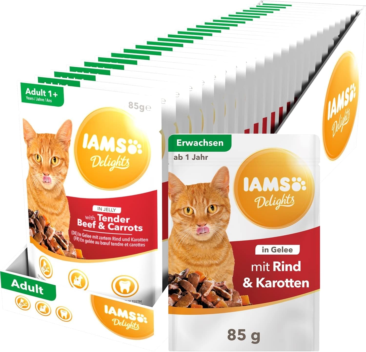 IAMS Delights Natvoer voor katten met sappig rundvlees en wortels in gelei - Compleet natvoer voor volwassen katten, 24 zakjes x 85 g