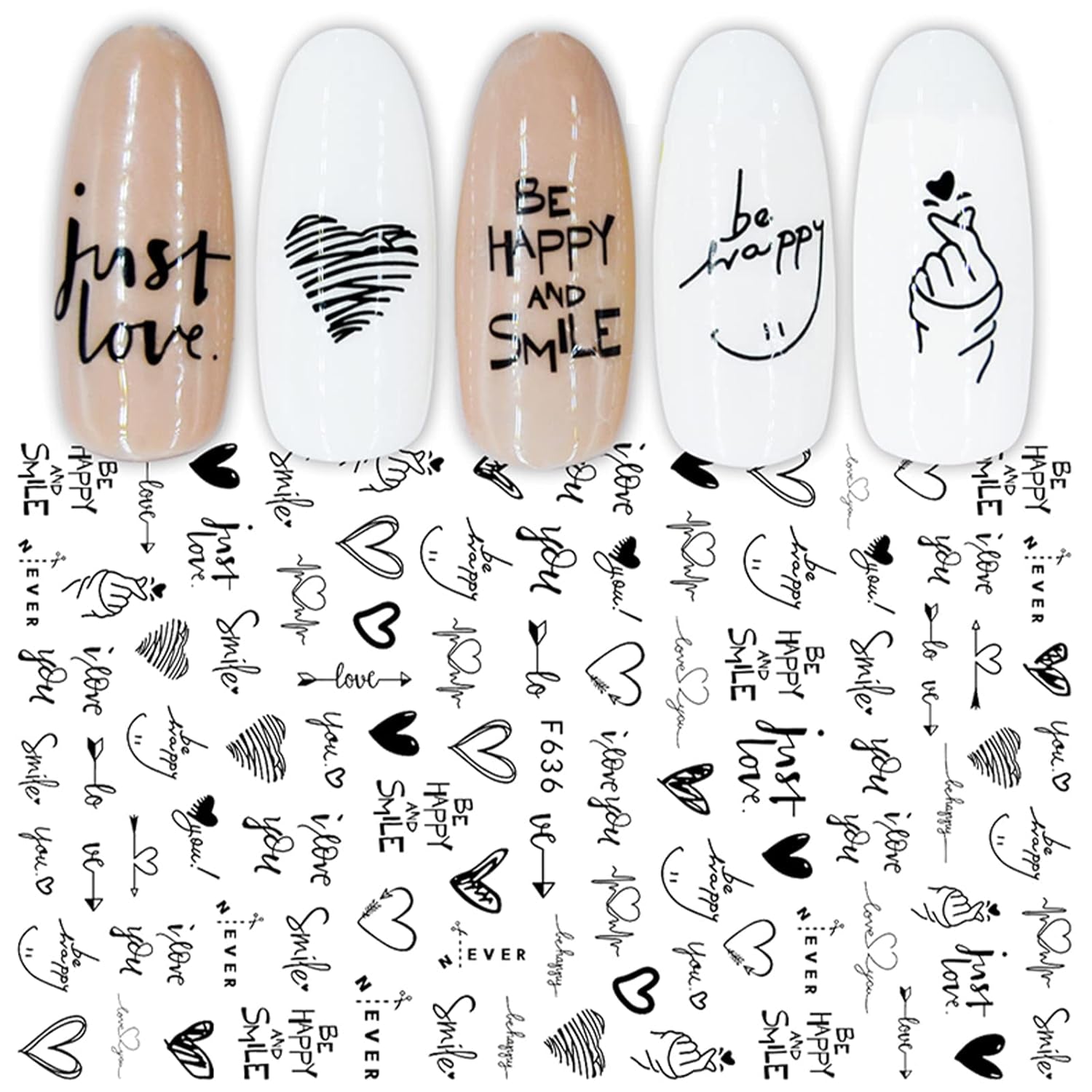 JMEOWIO Nagelsticker Geometrie 10 Blatt Nagelaufkleber Selbstklebend Schwarzes Herz Unregelmäßig Geformt Nail Art Sticker Decoratie Nageldesign Zubehör