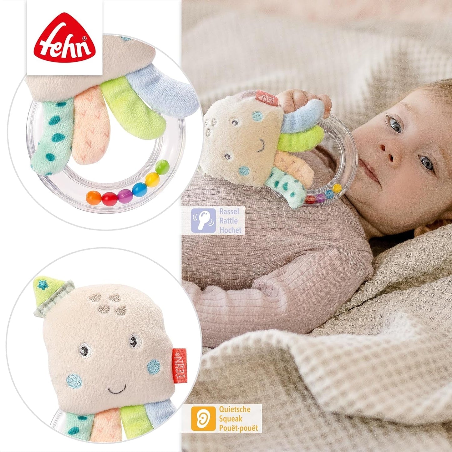 Fehn octopus speelgoed ringbel - rammelaar, piep, voel motoriek speelgoed - knuffel voor baby's met zachte stof - speelgoed voor baby's en peuters vanaf 0+ maanden Babyspeelgoed Naty Shop