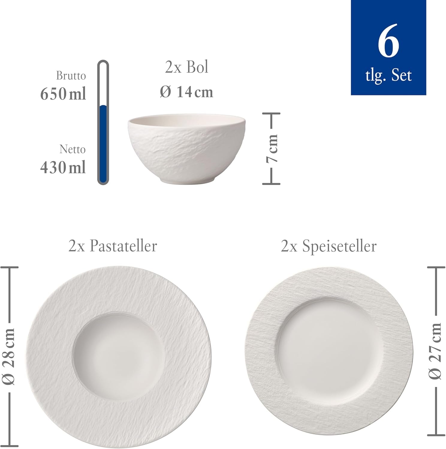 Villeroy & Boch - Manufacture Rock Blanc Geschirrset 6 teilig weiß, Spülmaschinenfest, Mikrowellensicher, Geschirr Modern, Starterset, Speiseteller, Pastateller, Müslischalen, Premium Porzellan