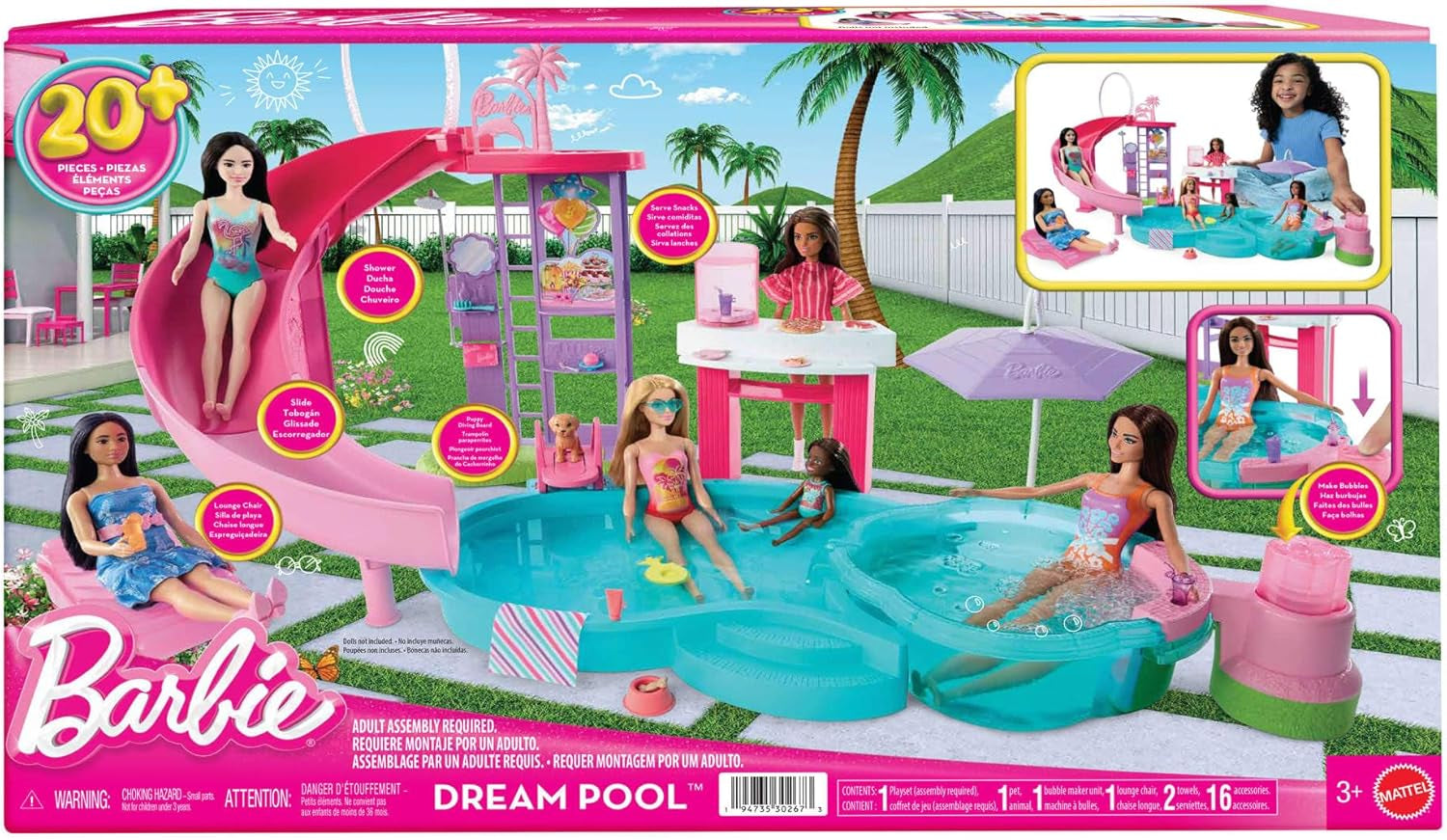 Barbie Dream Zwembadspeelset met zes speelplekken, waaronder een glijbaan en jacuzzi, plus meer dan 20 accessoires zoals een huisdier, zwemringen en meer, JKG83