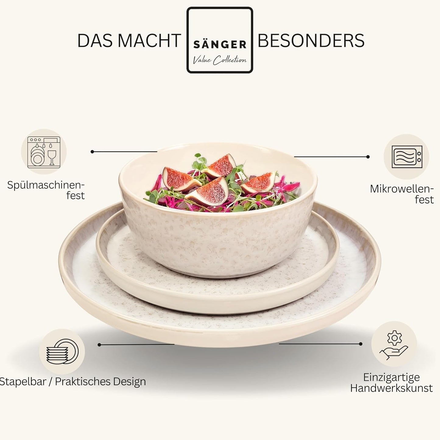 SÄNGER Key West | Serviesset van steengoed 24-delige dinerbordenset voor 6 6 dinerborden Mueslischalen Dessertborden Pastaschalen Crème Serviesgoed met zandtextuur | DE WAARDE-COLLECTIE
