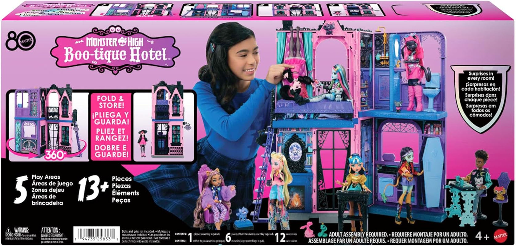 Monster High Buh-tique Hotel Poppenhuis, opvouwbare speelset met enge verrassingen in elke kamer en 13+ speelsets, inclusief meubels en accessoires, JBF16
