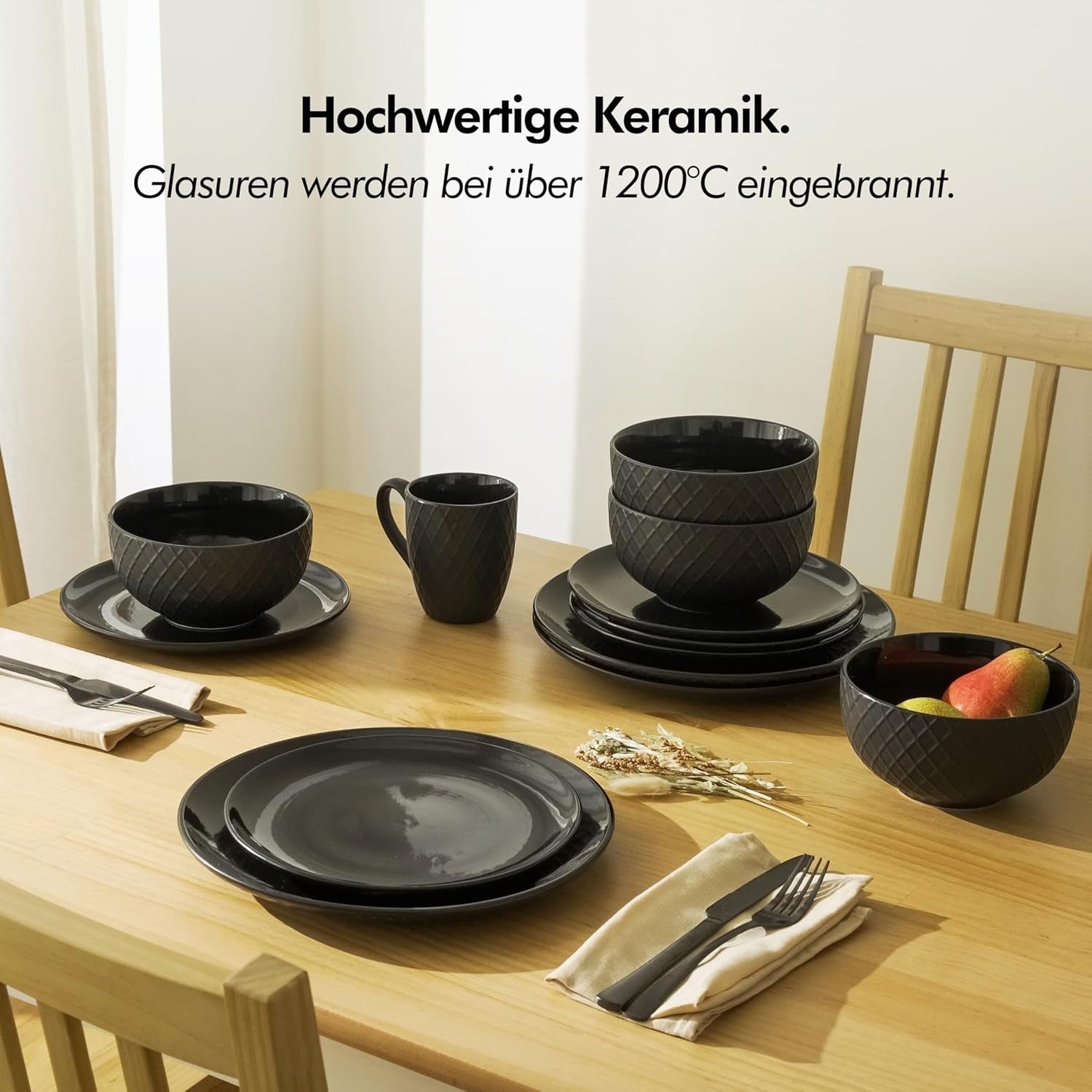 KIVY Geschirrset 6 Personen[Kratz & Spülmaschinenfest] 6x27cm + 6x22cm - Tellerset 12-teilig modern - Geschirrset - Kombiservice - Geschirrset - Tellerset Schwarz - Teller Schwarz Matt