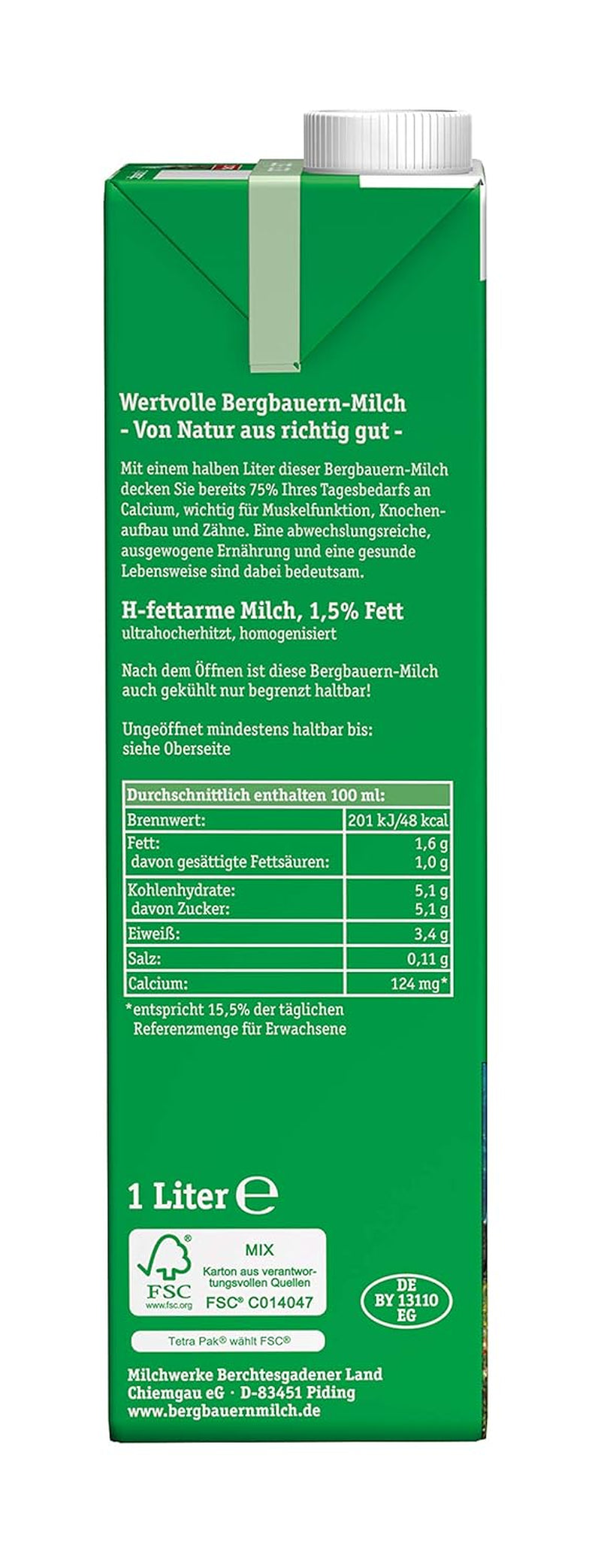 Berchtesgadener Land Haltbare Bergbauern-Milch, 1,5% Fett, 12er-pakket (12 x 1 l)