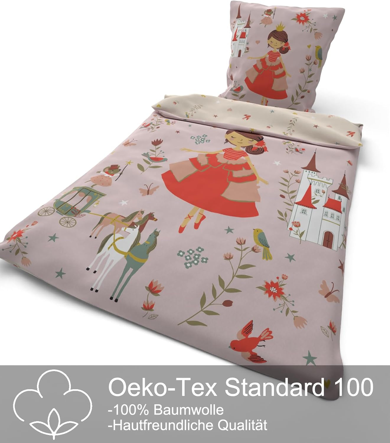 Skybrands Bettwäsche Prinzessin 135X200 [Mit Beutel] Einhorn Mädchen Bettwäsche Baumwolle 2 TLG. 1X Bettbezug 1X Kissenbezug Naty-winkel