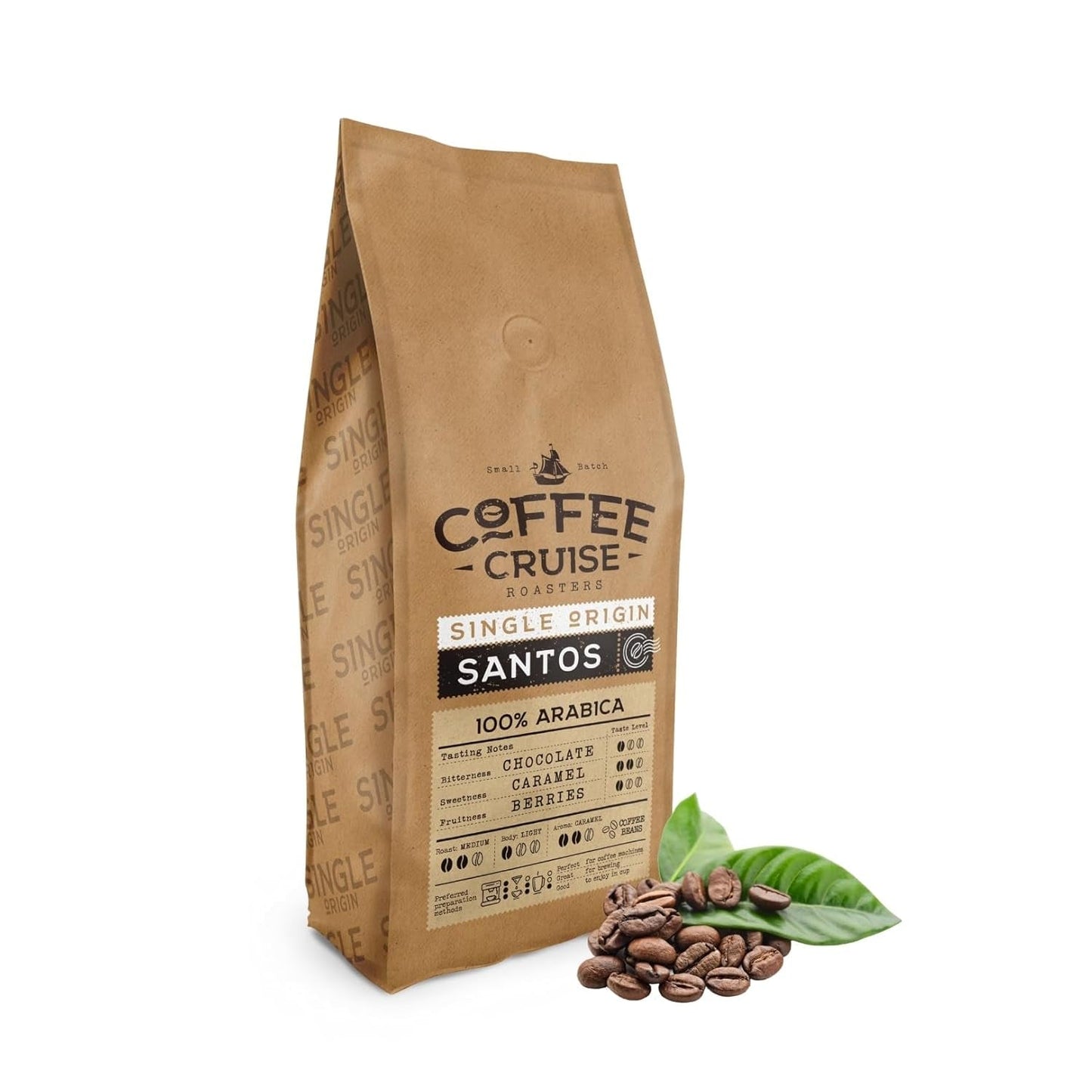 KOFFIECRUISE Santos Kaffeebohnen 1kg - Mittlere Röstung - Aroma Caramel - Für All Kaffeemaschinen - 100% Arabisch