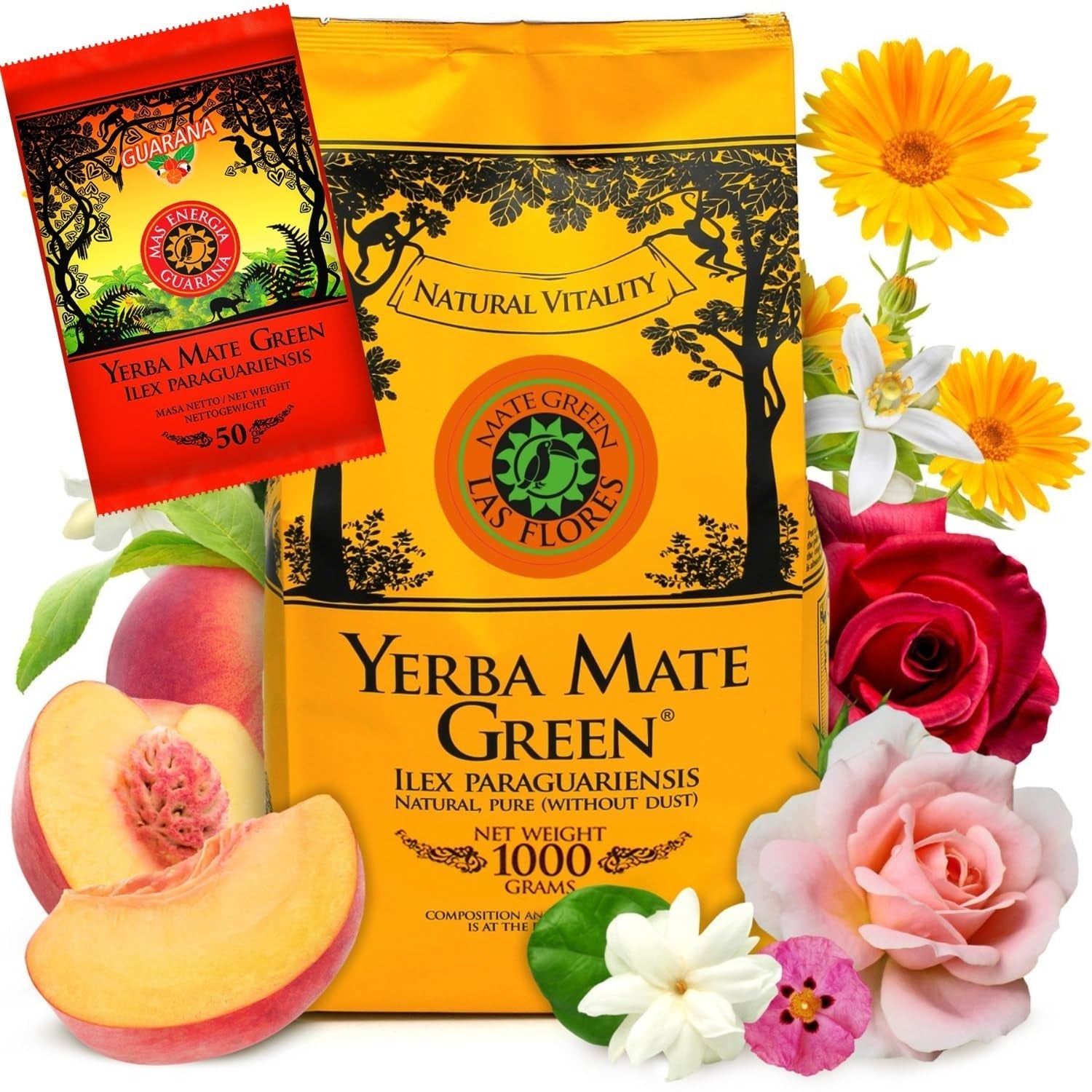 Yerba LAS FLORES 1 kg ● Yerba Mate thee met Braziliaanse perziken ● Jasmijn ● Mate thee van mate bladeren ● Natuurlijke smaken ● Yebra Mate thee met guarana 50 g ● Yerba Mate thee met hele bladeren 1050 g ● Veganistisch