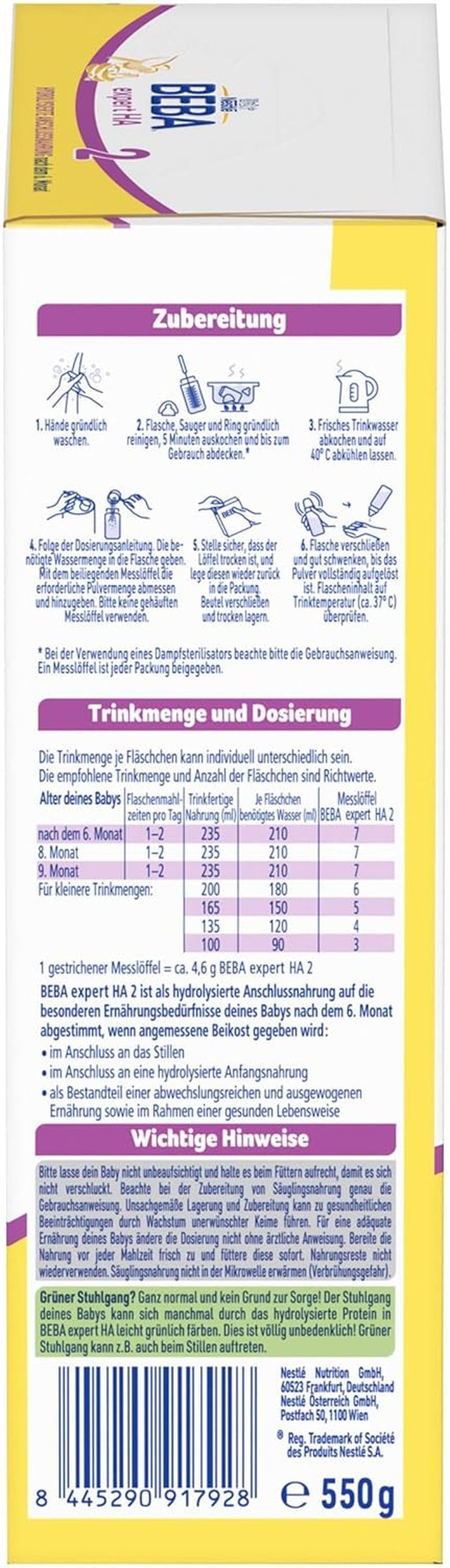 BEBA Expert HA 2 Opvolgmelk na 6 maanden, babyvoeding met gehydrolyseerd eiwit, alleen lactose, palmolievrij, verpakking van 6 (6 x 550 g) Naty Shop