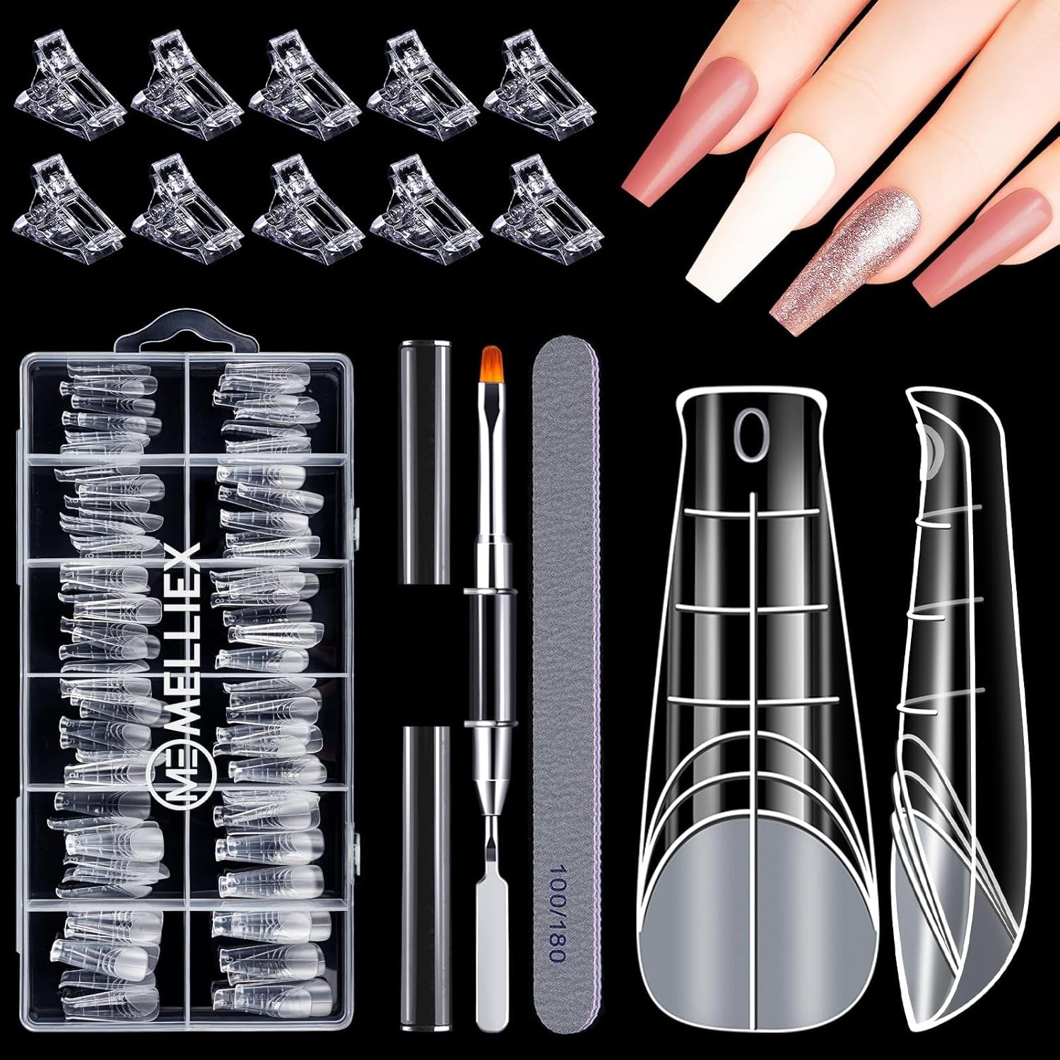 120-delige nagelvormenset, nagelverlengingen, gelnagelvormen, nagelvormset met dubbele kopborstel en nagelvijl met clips, voor gelnagels