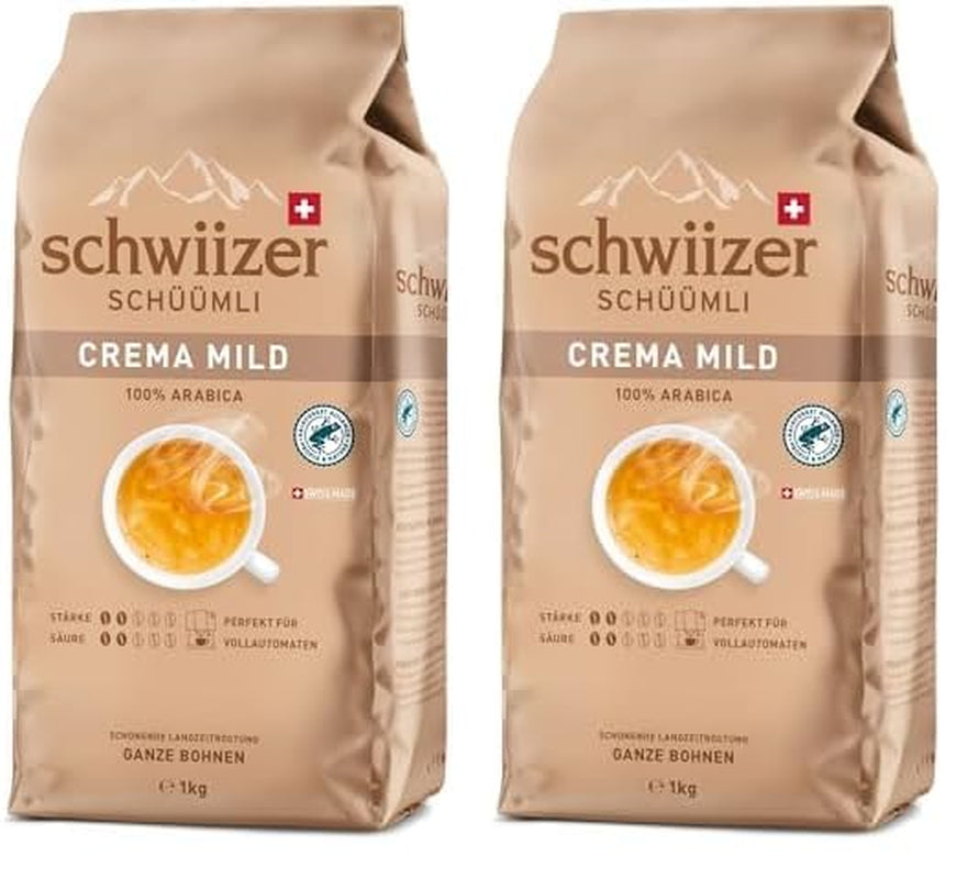 Schwiizer Schüümli Crema Mild, 100% premium Arabica koffiebonen, fruitig en nootachtig, voor volautomatische koffiemachines, 2/5 sterkte, licht gebrand, Rainforest Alliance gecertificeerd, 1 kg (pak van 2)