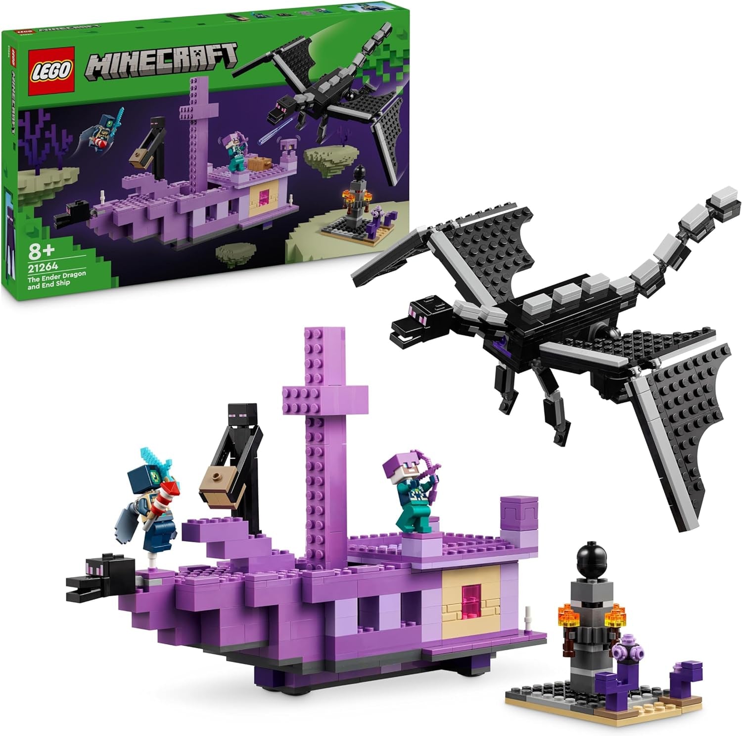LEGO Minecraft De Einddraak en het Eindschip Actiespeelgoed en ontdekkingsset Videogamebouwset Avontuurset Cadeau voor jongens en meisjes, 8 jaar oud 21264 Bouwsets