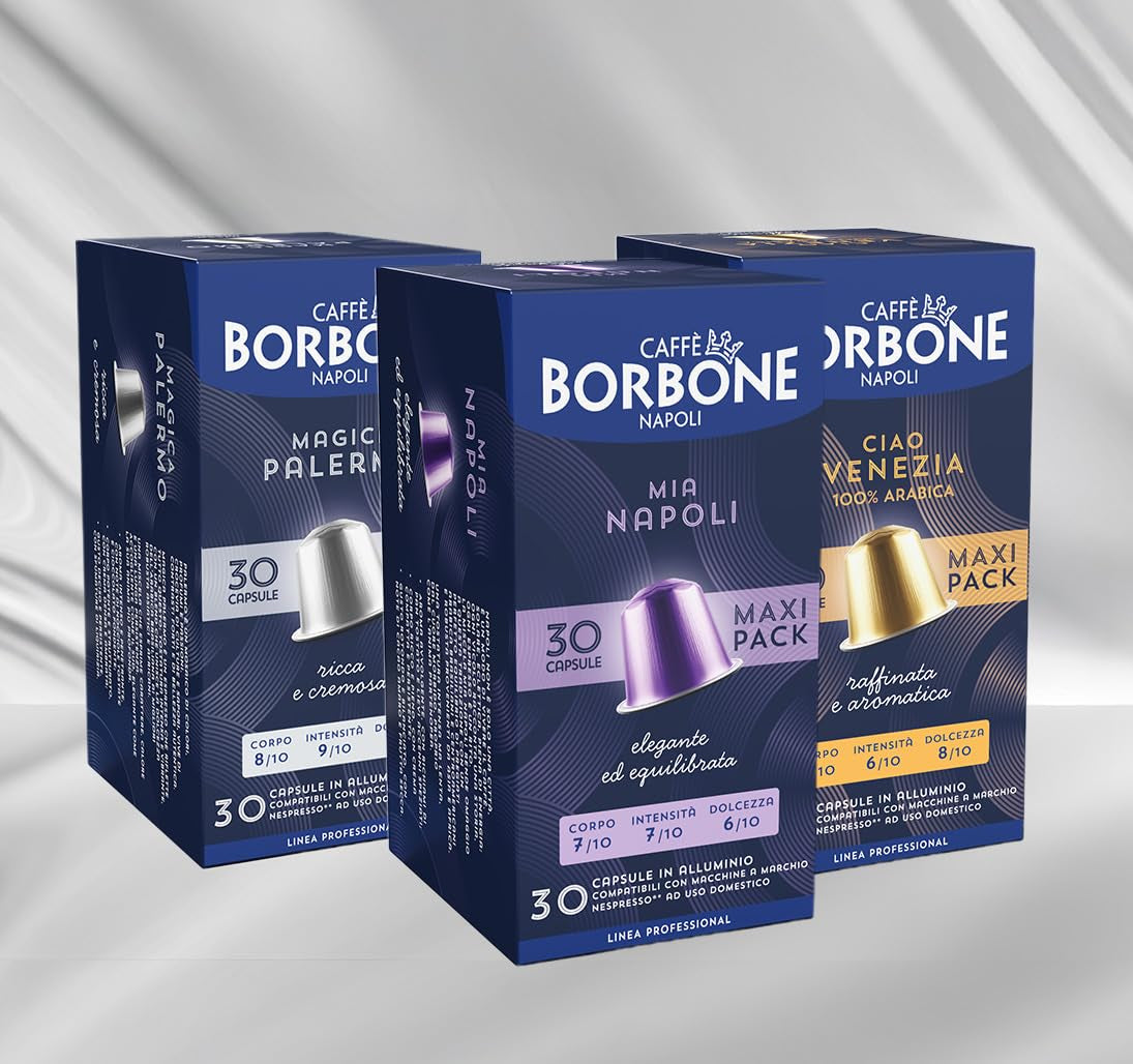 Caffè Borbone Verkostung Kit, 90 aluminium capsules: 30 Mia Napoli, 30 Ciao Venezia, 30 Magica Palermo, (3 x 30 Stück) – Compatibel met Kaffeemaschinen für den Hausgebrauch van het merk Nespresso®*