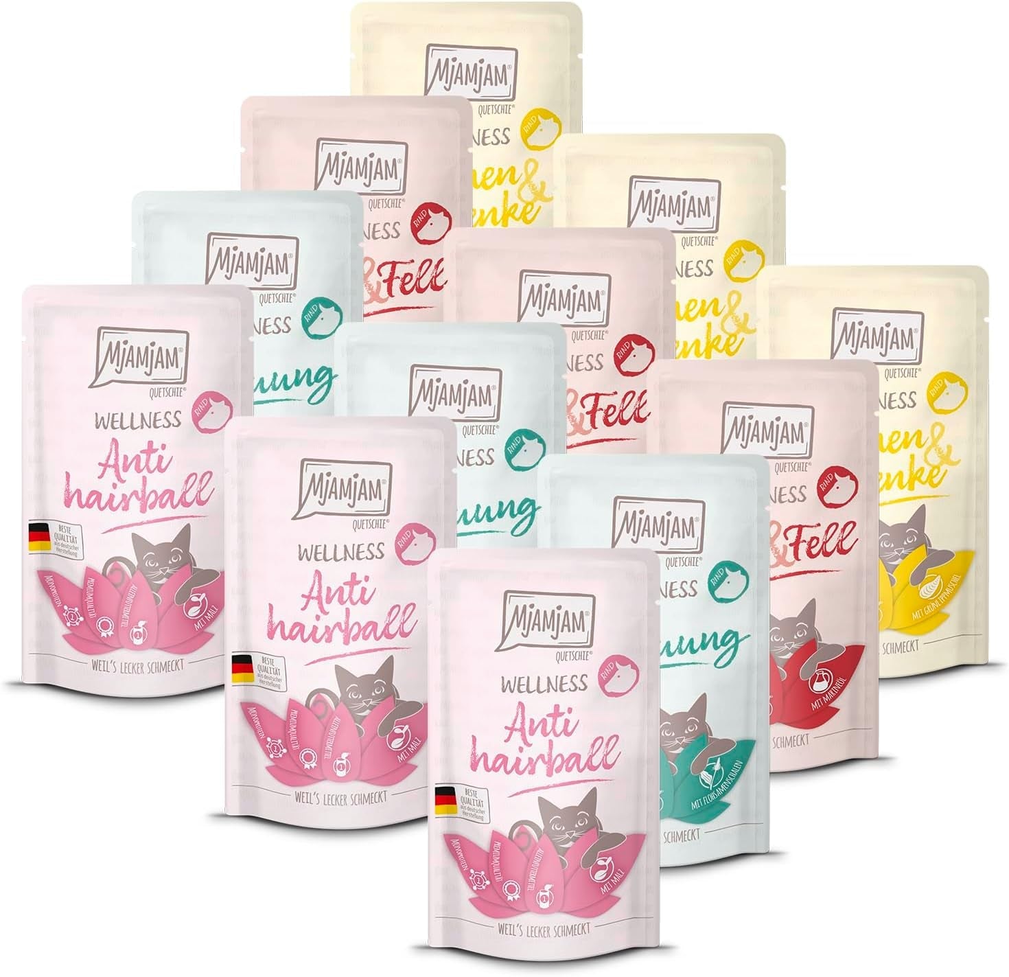 MjAMjAM - Premium natvoer voor katten - Wellness Pack Rundvlees, 12 stuks (12 x 125 g), graanvrij met extra vlees