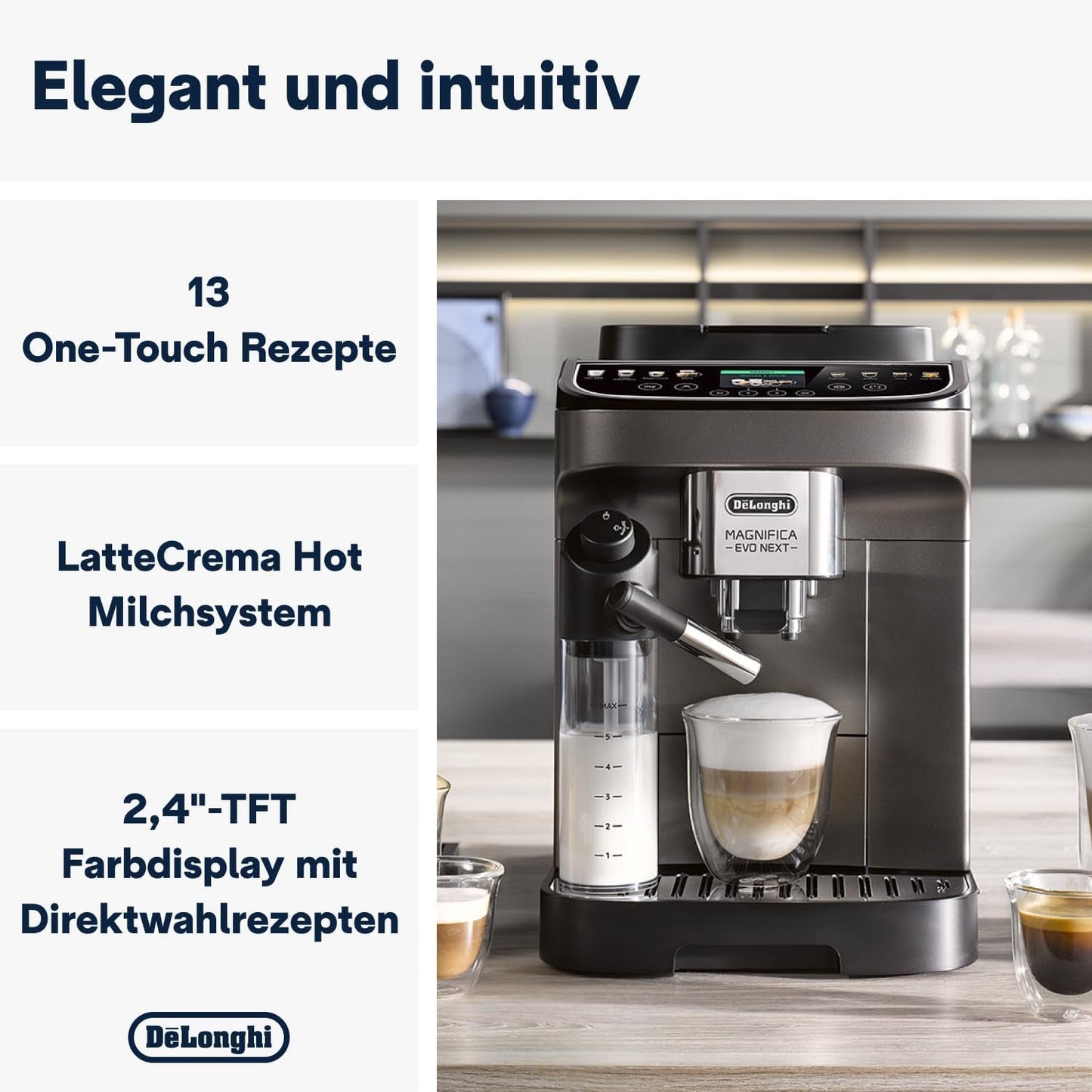De'Longhi Magnifica Evo Next - Perfetto volautomatische espressomachine met LatteCrema melkopschuimer, 13 One-Touch-drankjes, koffie- en cappuccinomaker, kleurentouchscreen, titanium (ECAM312.80.TB)