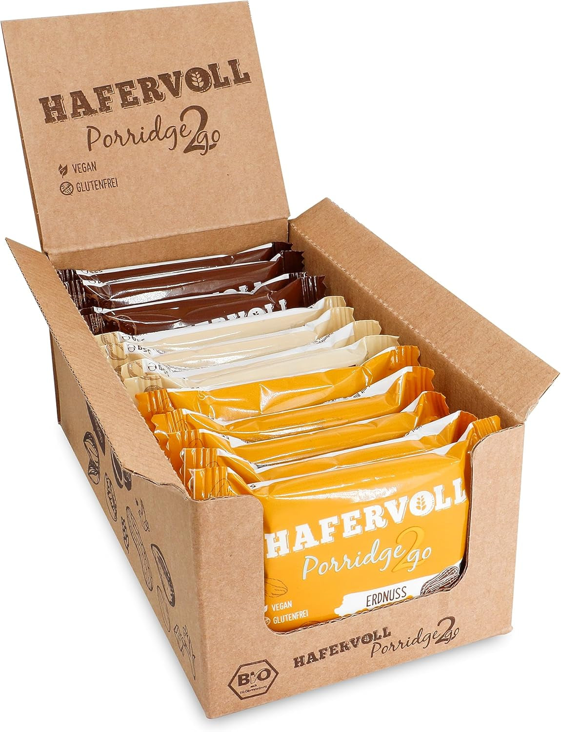 Hafervoll Porridge2go Pindakaas en noten, 13 repen x 55g - Veganistisch, biologisch, glutenvrij, geen toegevoegde suikersnack, met haver, dadels en quinoa-snoepjes