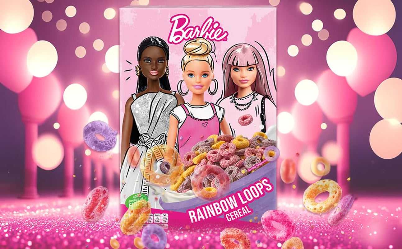 Barbie Rainbow Loops ontbijtgranen, kleurrijke ringen van tarwe, haver en maïs met fruitsmaak voor het perfecte ontbijt, 1 pakje (1 x 350 g)