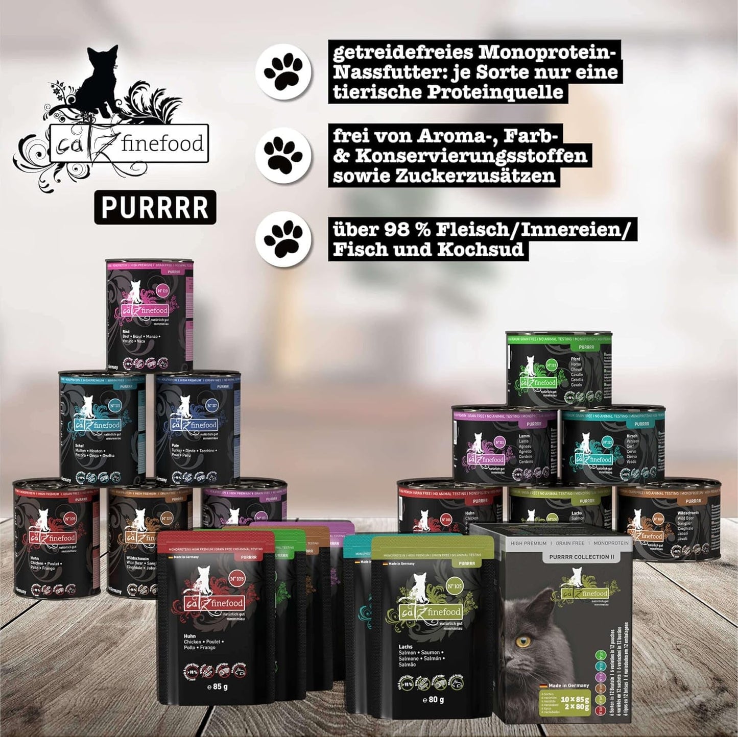 Natvoer voor katten Catz Finefood Purrrr Paard Monoproteïne nr. 123, voor katten met een gevoelige spijsvertering, 70% vleesgehalte, 6 dozen x 400 g