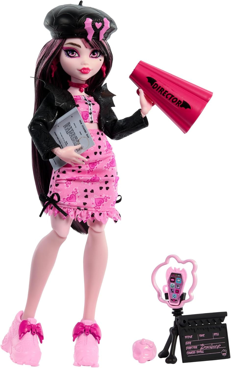 Monster High Draculaura-pop met haar huisdier Count Fabulous vleermuiskat en accessoires zoals rugzak, spreukenboek, bentobox en meer, HRP64 Naty Shop Dolls Movie Club Theme