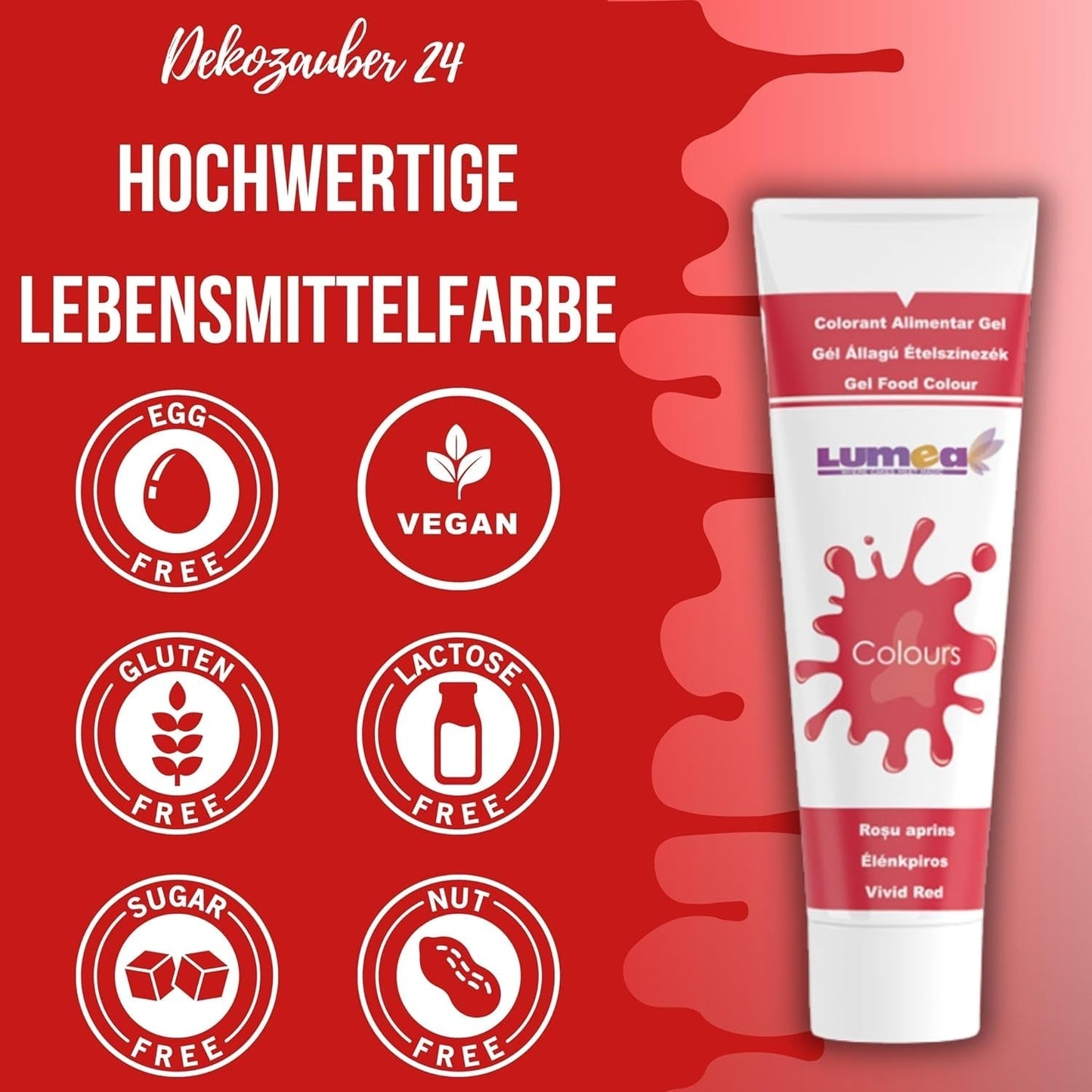 Dekozauber 24 rode kleurstof, gel, 30 g, veganistisch, suikervrij, hooggeconcentreerd, rode kleurstof voor fondant, botercrème, drankjes en meer