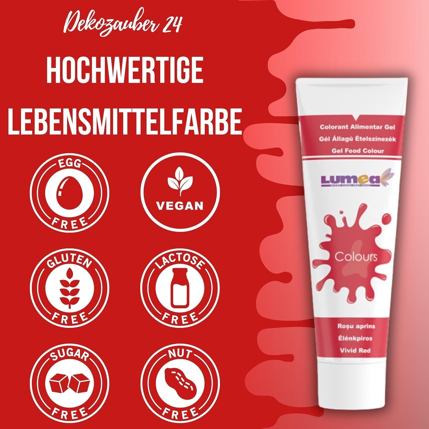 Dekozauber 24 rode kleurstof, gel, 30 g, veganistisch, suikervrij, hooggeconcentreerd, rode kleurstof voor fondant, botercrème, drankjes en meer