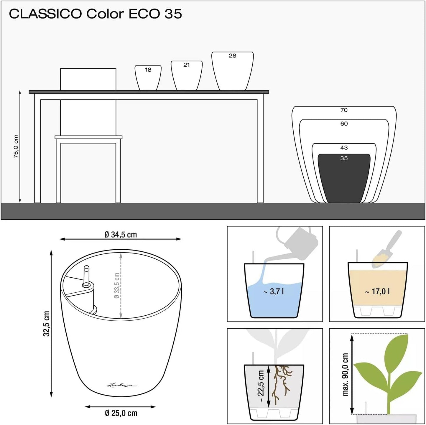 Plantenbak LECHUZA Classico Kleur ECO 35 Donkergrijs | Plantenbak met bewateringssysteem en waterniveau-indicator | Gemaakt van 100% gerecycled plastic | Matte afwerking | Ø 34,5 x 32,5cm | 18935