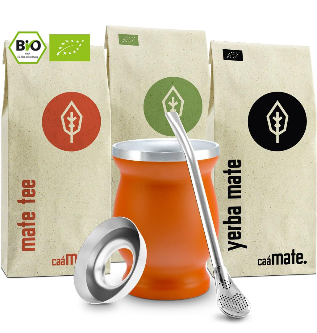 Mate Bio Theeset ● 3 Assortimenten Mate + Dubbelwandige Mate Mok van RVS + Bombilla + Zetinstructies (Zwart)